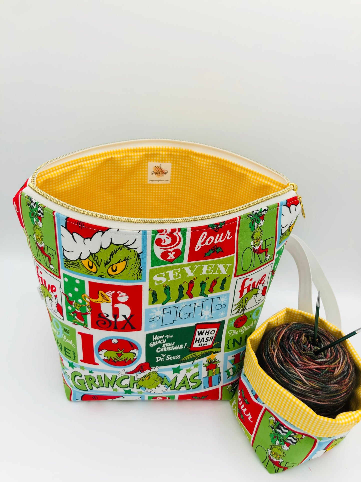Grinchmas Knitting and Crochet Zipper Style Project Bag + Yarn Cozy | XL Sock Size