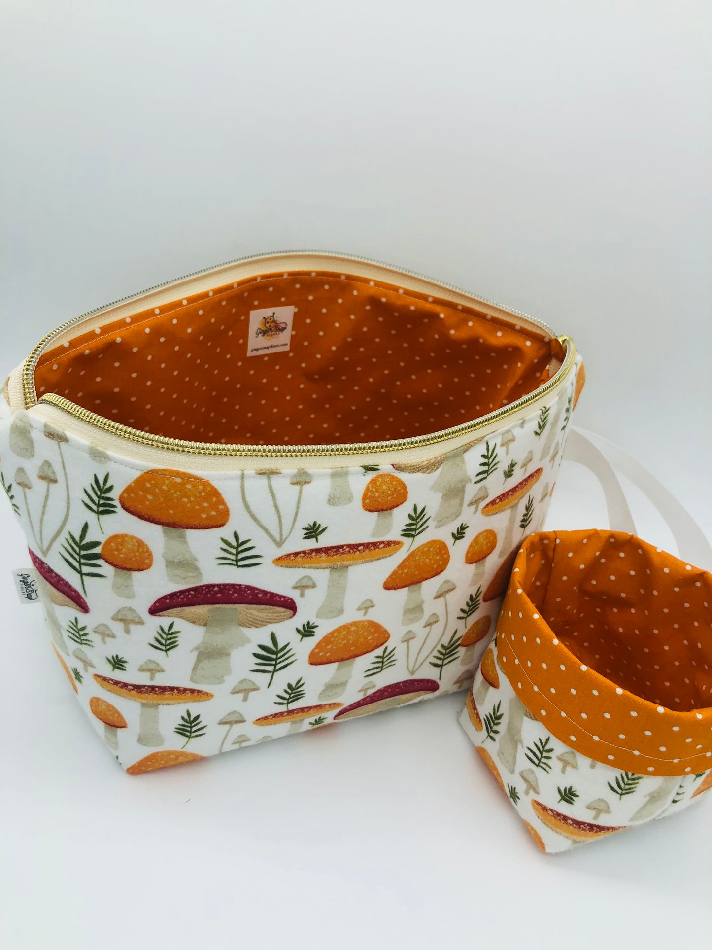 Amanita Mushrooms Knitting Crochet Zipper Style Project Bag + 100g Yarn Cozy| Shortie Sock Size