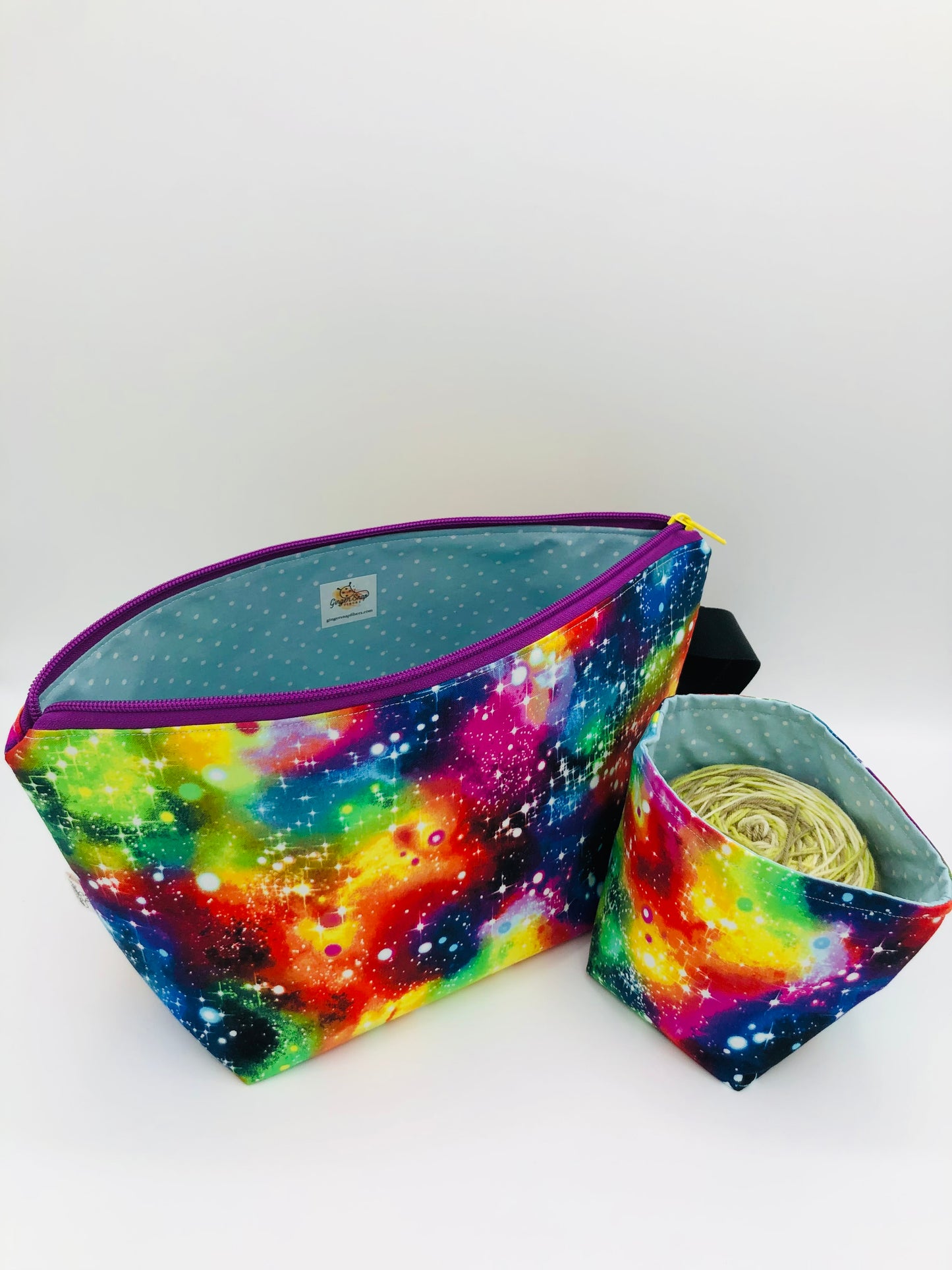 Rainbow Galaxy Knitting Crochet Zipper Style Project Bag + 100g Yarn Cozy | Shortie Sock Size