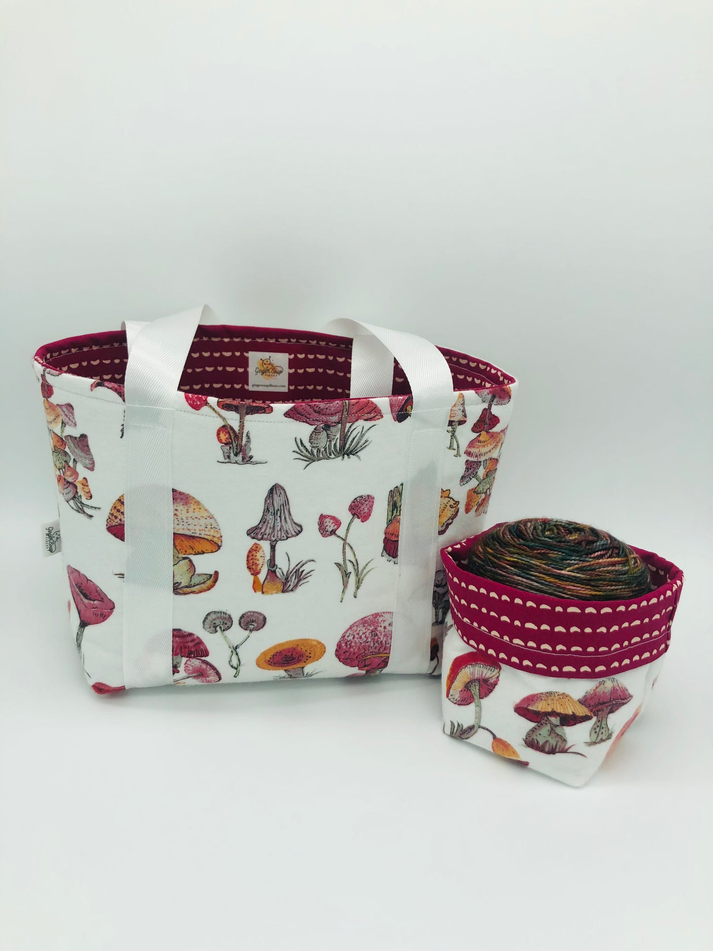 Maroon Mushrooms Knitting Crochet Tote Style Project Bag + Yarn Cozy | Shortie Sock Size