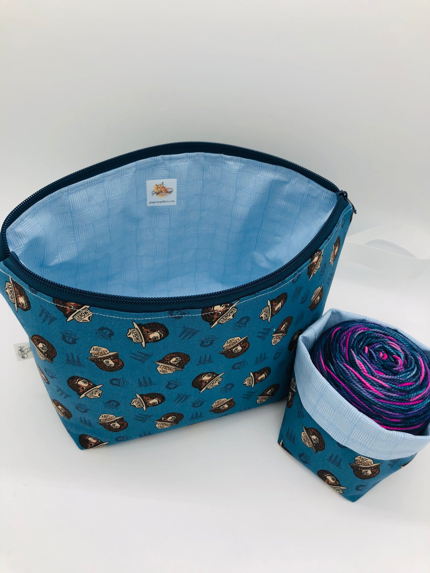 Blue Smokey Faces Knitting Crochet Zipper Style Project Bag + 100g Yarn Cozy| Shortie Sock Size