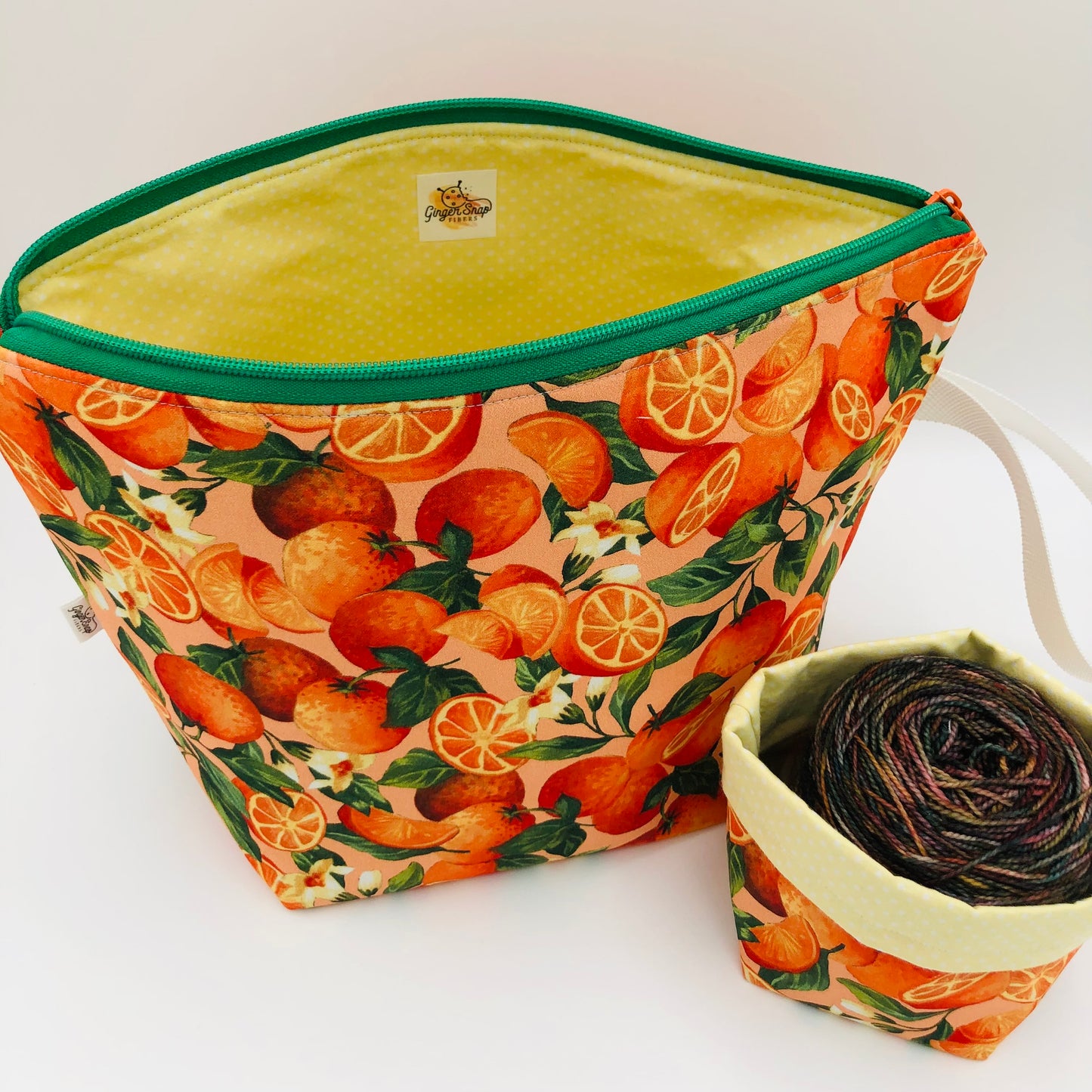 Fresh Oranges Knitting and Crochet Zipper Style Project Bag + Yarn Cozy | XL Sock Size
