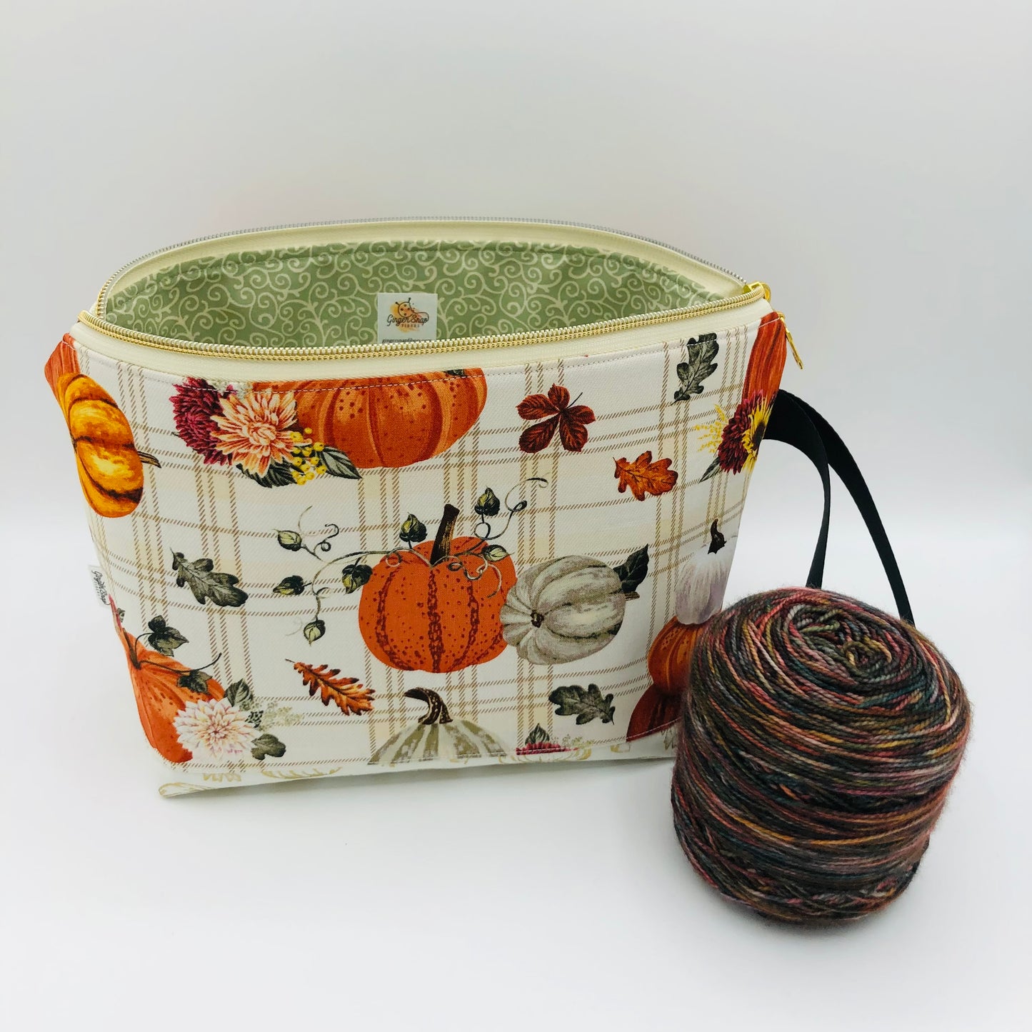 Pumpkins on Plaid Knitting Crochet Zipper Style Project Bag | Shortie Sock Size