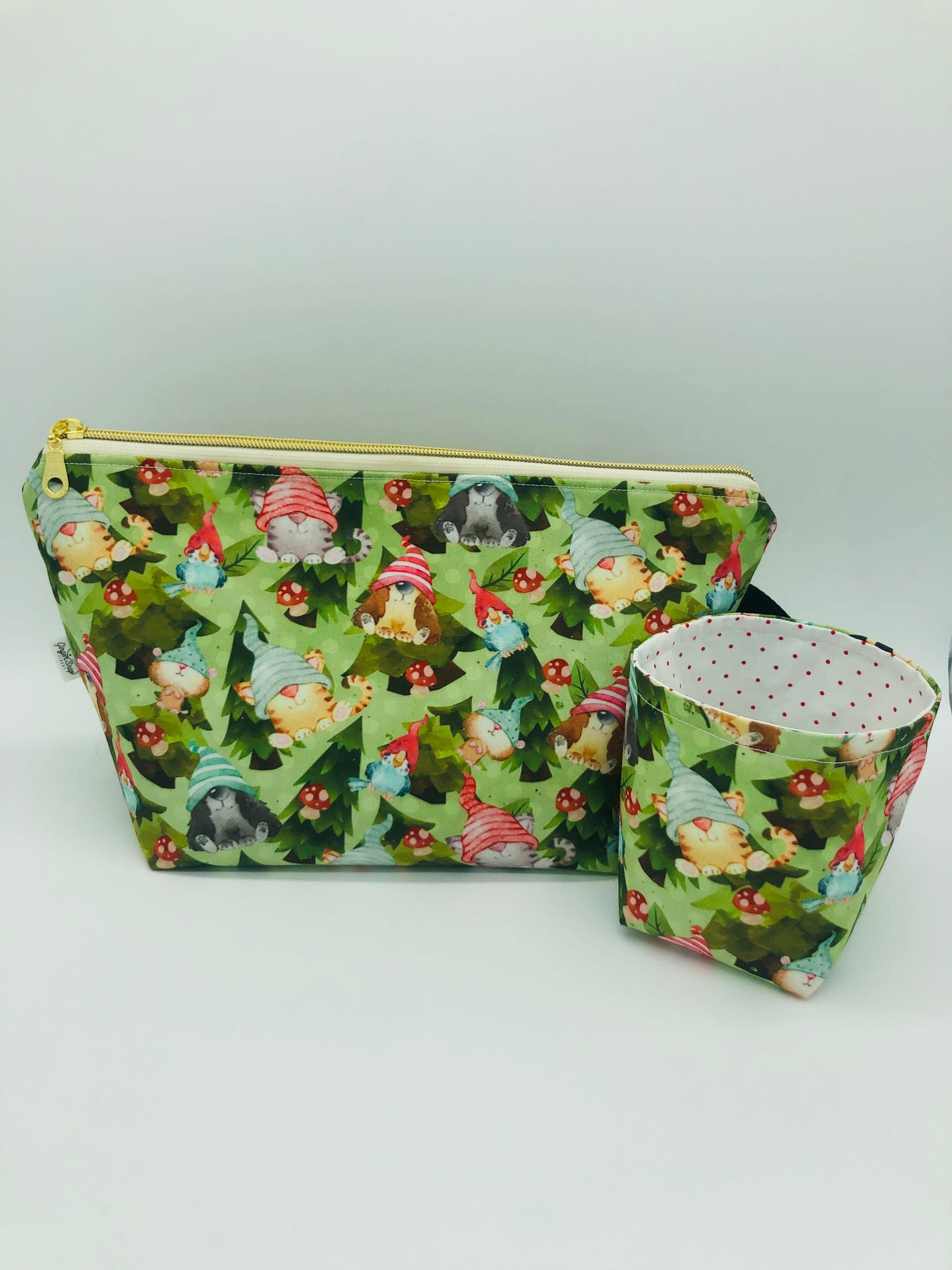 Animal Gnomes and Mushrooms Knitting Crochet Zipper Style Project Bag + 100g Yarn Cozy| Shortie Sock Size