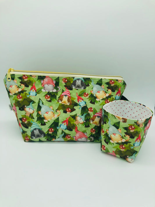 Animal Gnomes and Mushrooms Knitting Crochet Zipper Style Project Bag + 100g Yarn Cozy| Shortie Sock Size