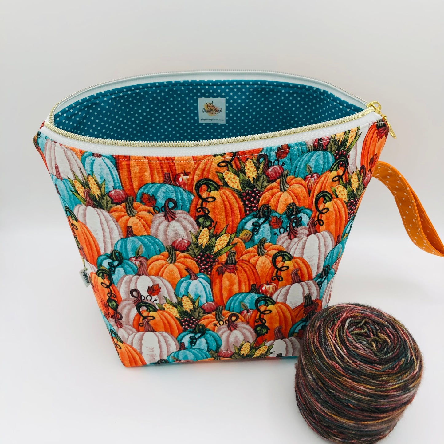 Teal Pumpkin Patch Knitting and Crochet Zipper Style Project Bag | XL Sock Size