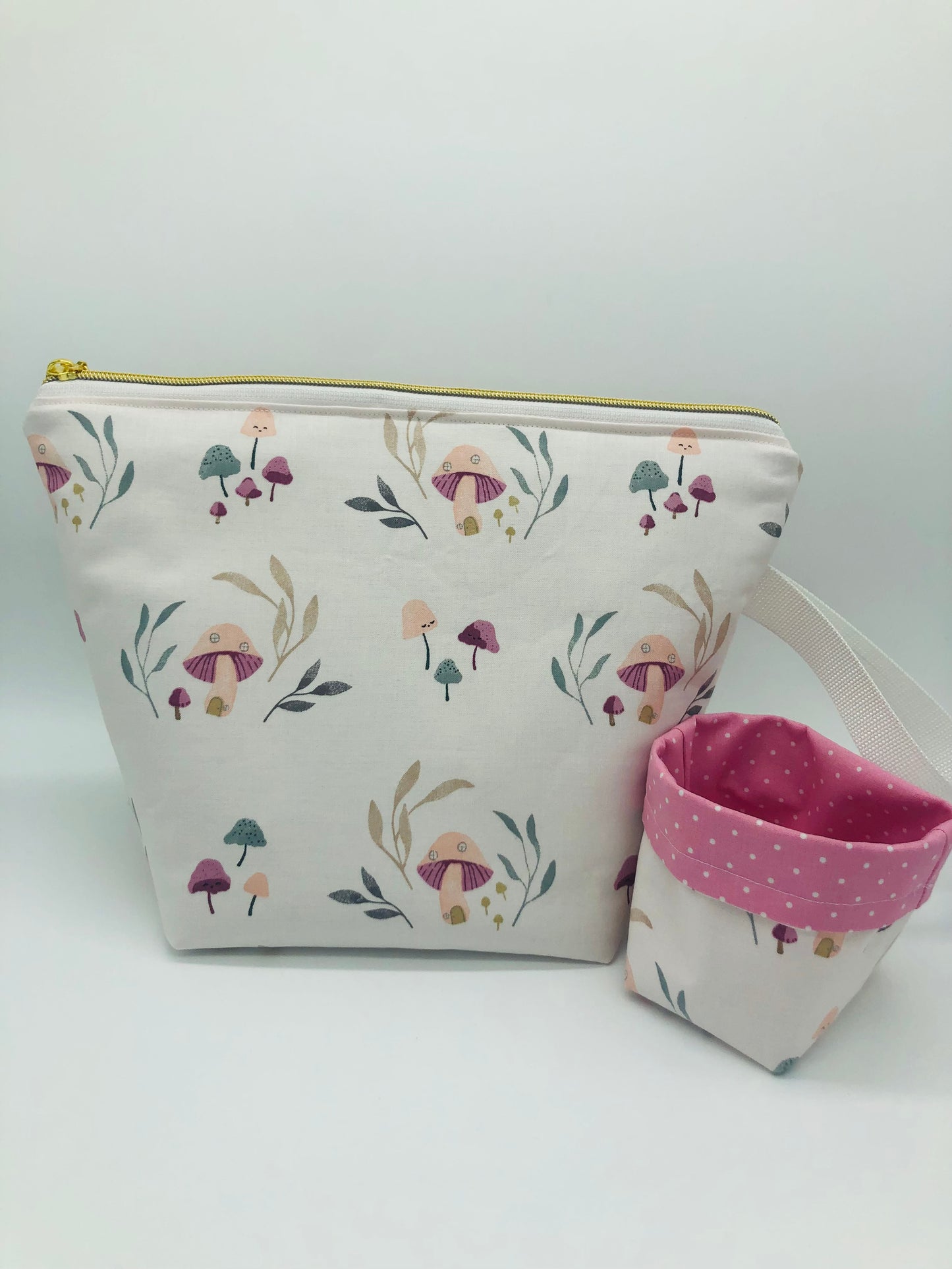 Mushroom Houses Knitting and Crochet Zipper Style Project Bag + Yarn Cozy | XL Sock Size