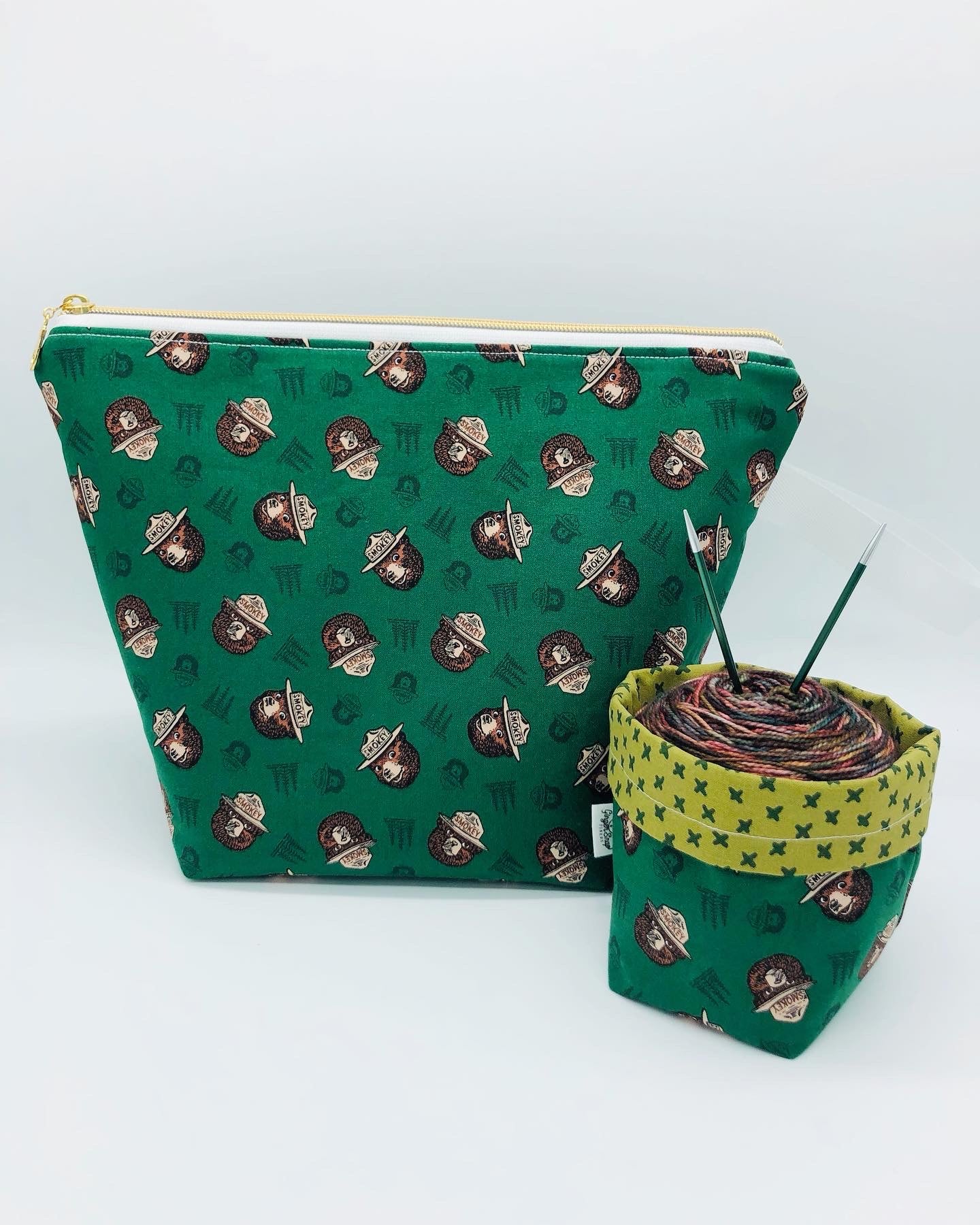 Green Smokey Faces Knitting and Crochet Zipper Style Project Bag + Yarn Cozy | XL Sock Size
