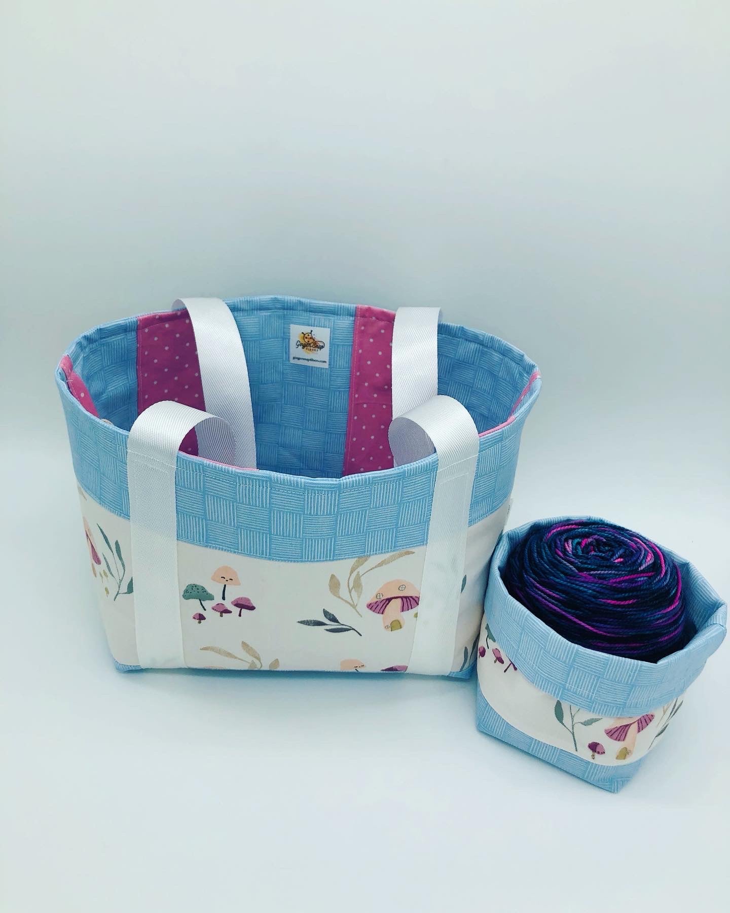 Mushroom Houses Patchwork Knitting Crochet Tote Style Project Bag + Yarn Cozy | Shortie Sock Size