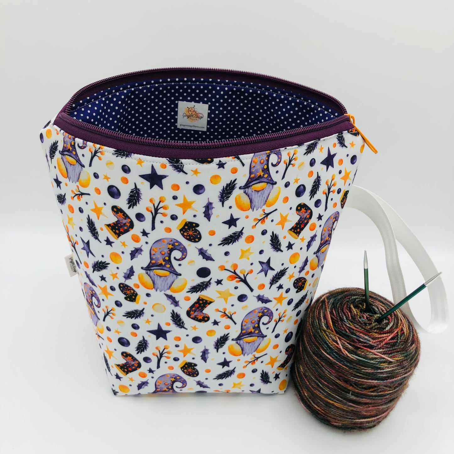 Purple Stocking Gnomes Holiday Knitting Crochet Zipper Style Project Bag | Sock Size