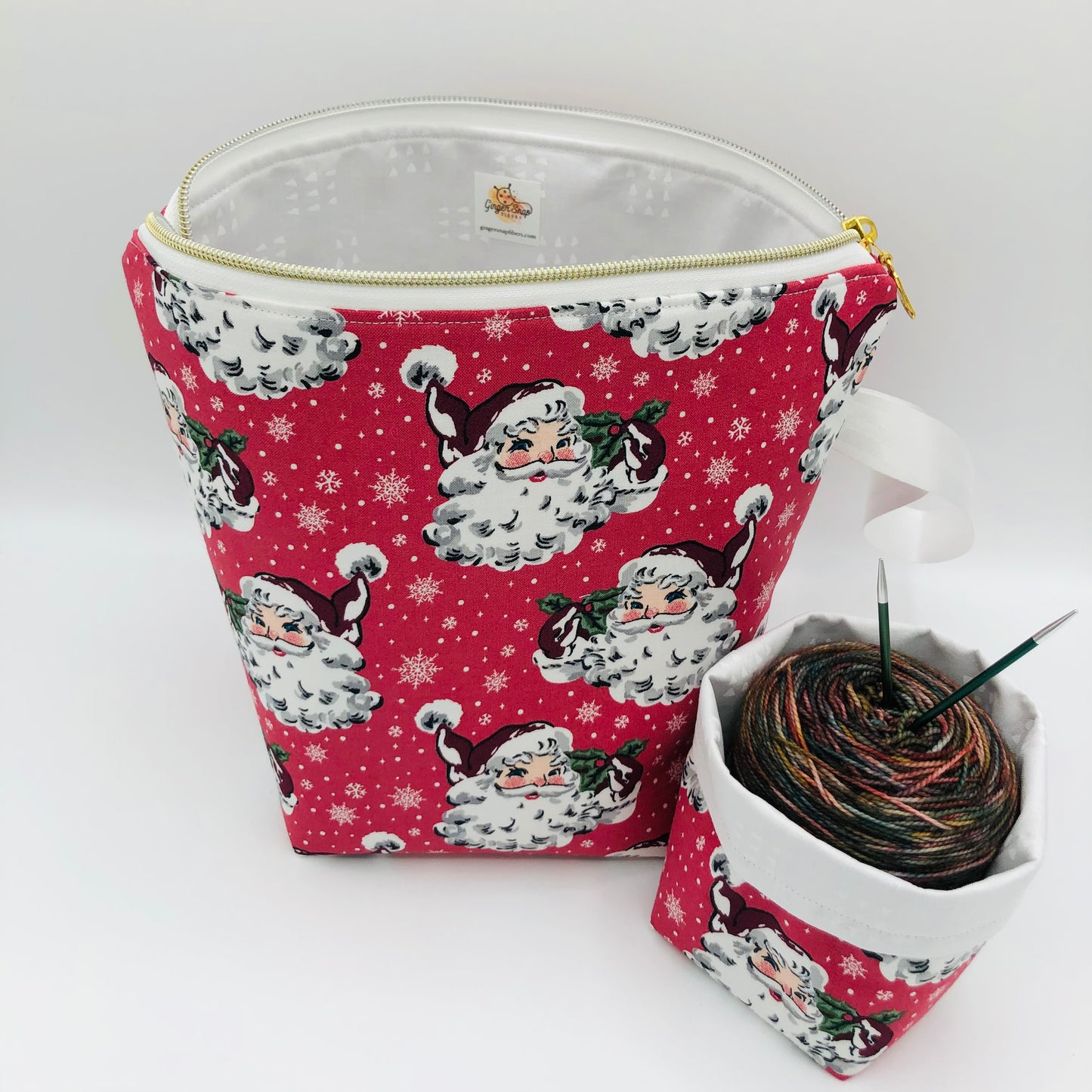 Pink Santas Holiday Knitting Crochet Zipper Style Project Bag + Yarn Cozy | Sock Size