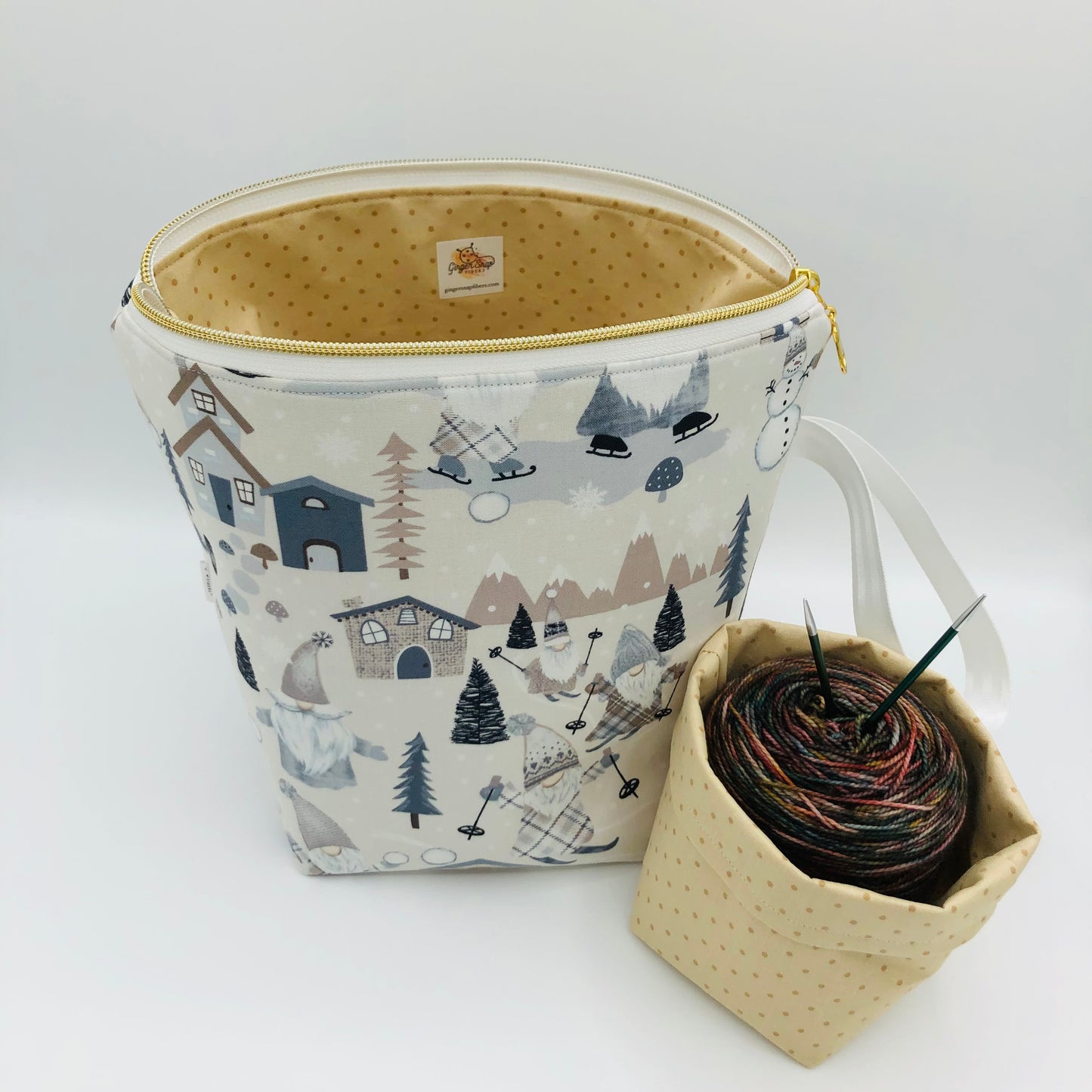 Skating Knitty Gnomes Holiday Knitting Crochet Zipper Style Project Bag + Yarn Cozy | Sock Size