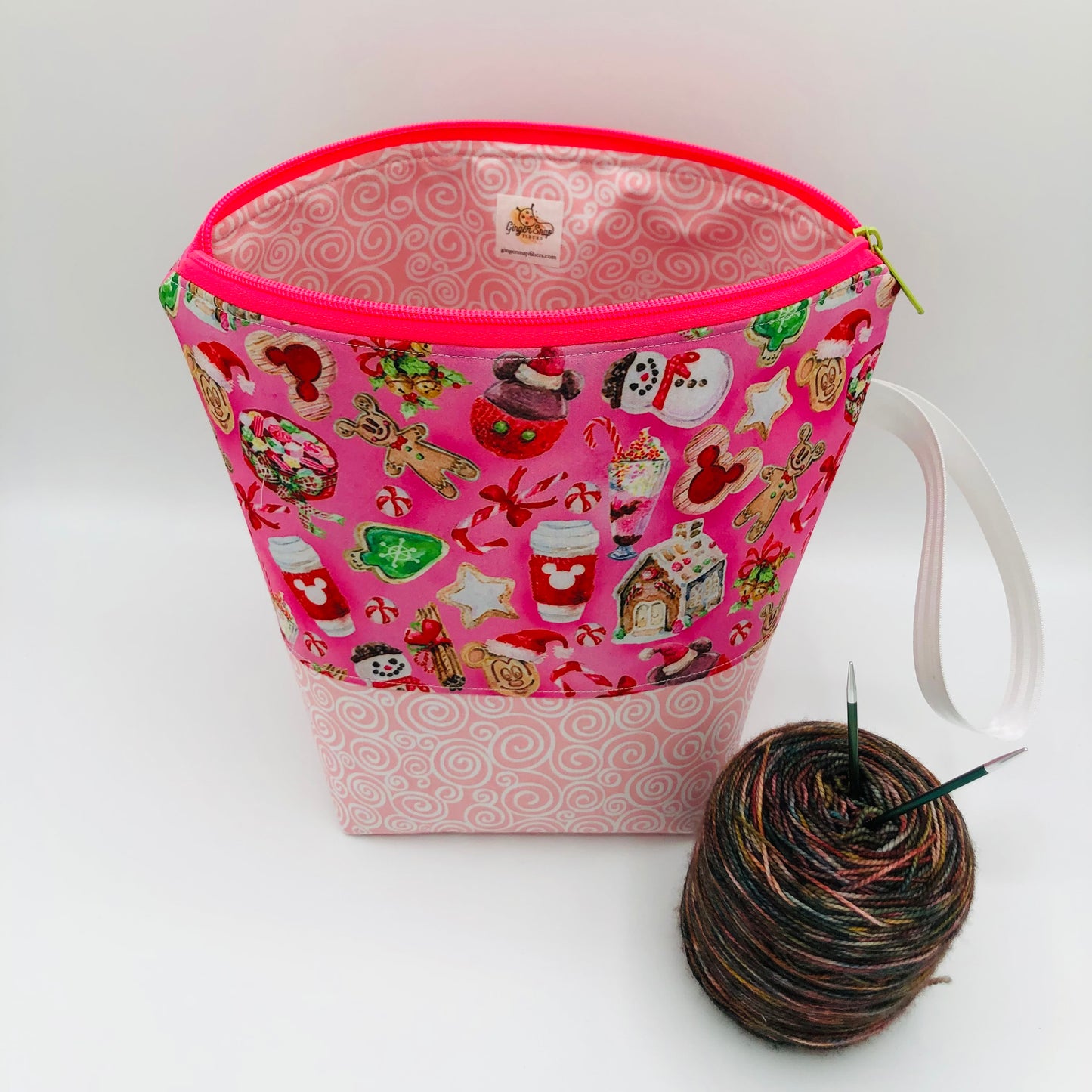 Peppermint Mocha Mouse Friends (pink base) Christmas Holiday Knitting Crochet Zipper Style Project Bag | Sock Size
