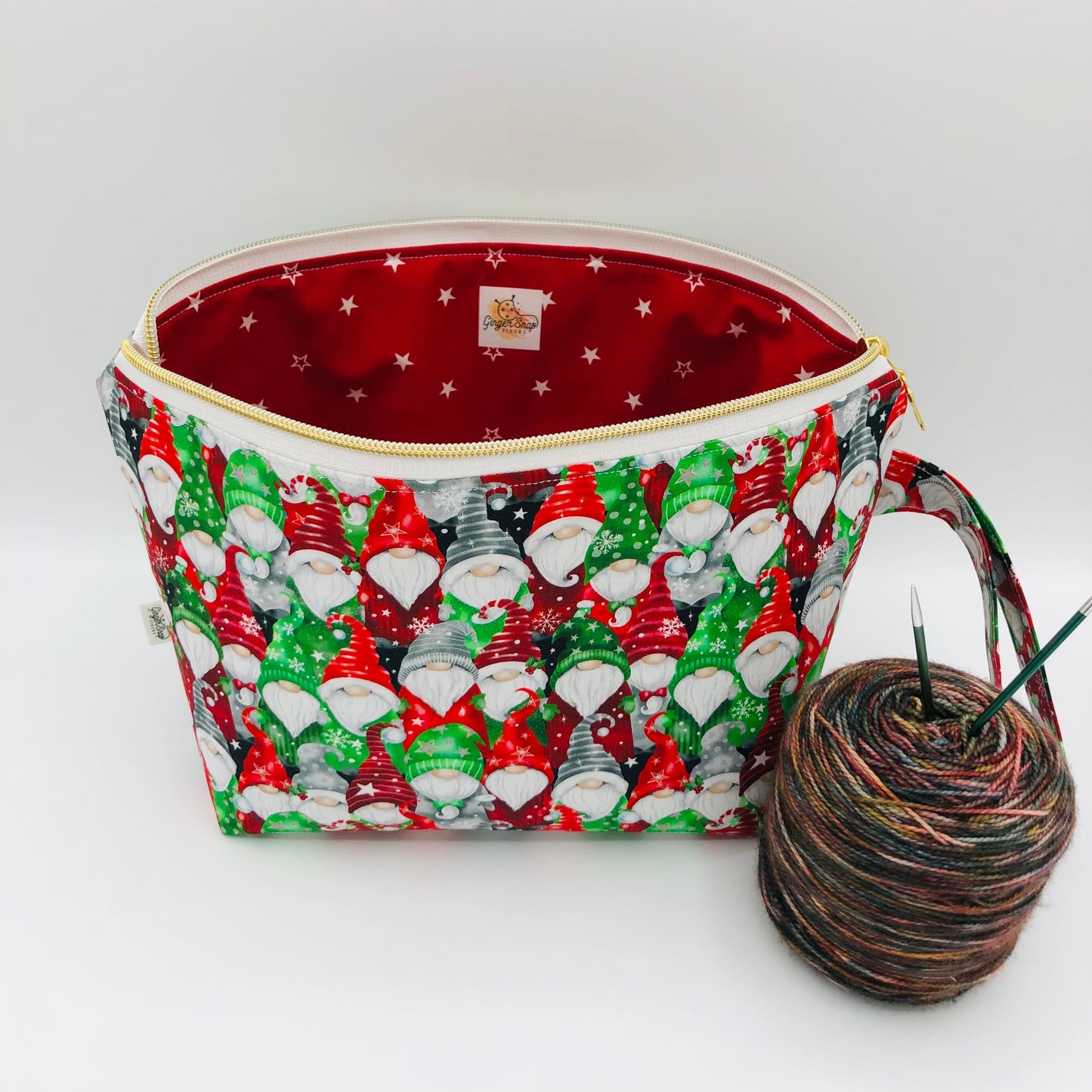 Christmas Gnome Crowd Holiday Knitting Crochet Zipper Style Project Bag | Shortie Sock Size