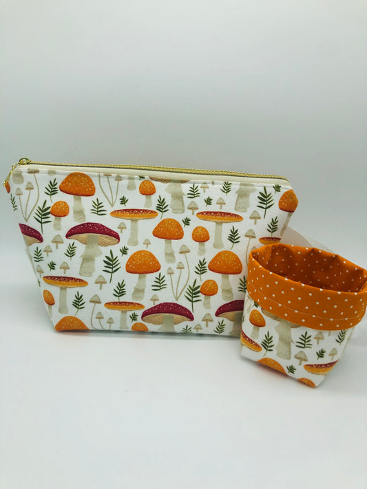 Amanita Mushrooms Knitting Crochet Zipper Style Project Bag + 100g Yarn Cozy| Shortie Sock Size