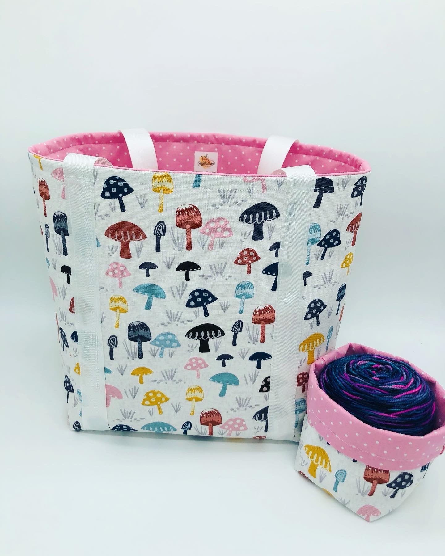 Pastel and Polka Dots Mushroom Forest Tote Style Knitting and Crochet Project Bag + Yarn Cozy | Sweater Size