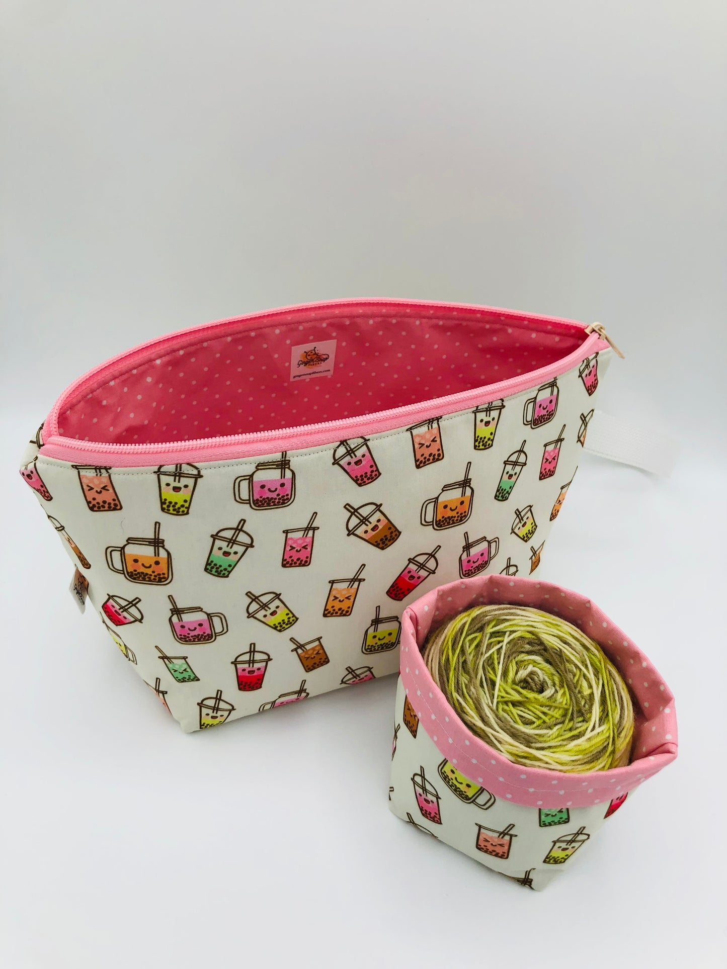 Boba Tea Friends Knitting Crochet Zipper Style Project Bag + 100g Yarn Cozy | Shortie Sock Size