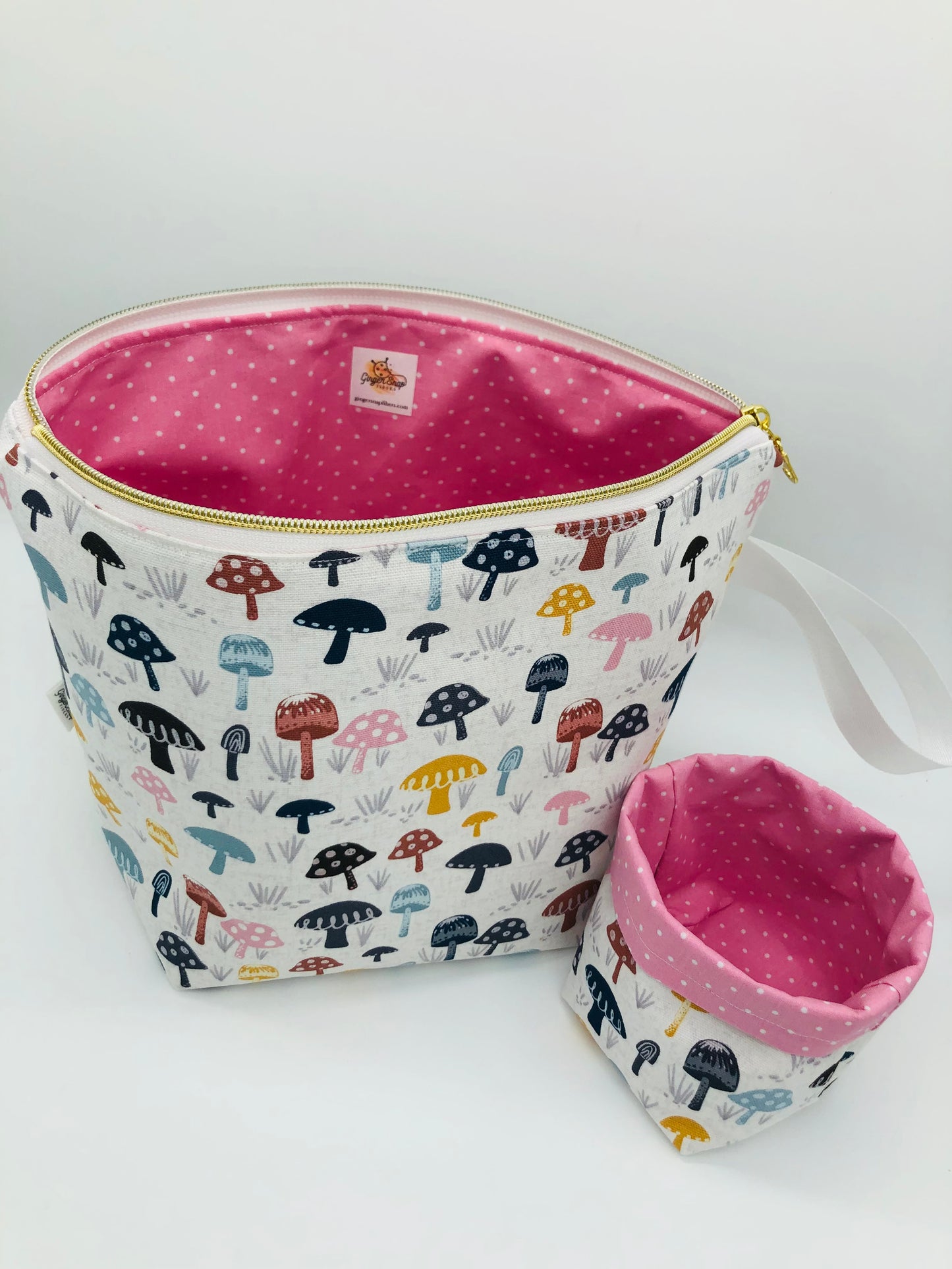 Pastel and Polka Dots Mushrooms Knitting and Crochet Zipper Style Project Bag + Yarn Cozy | XL Sock Size