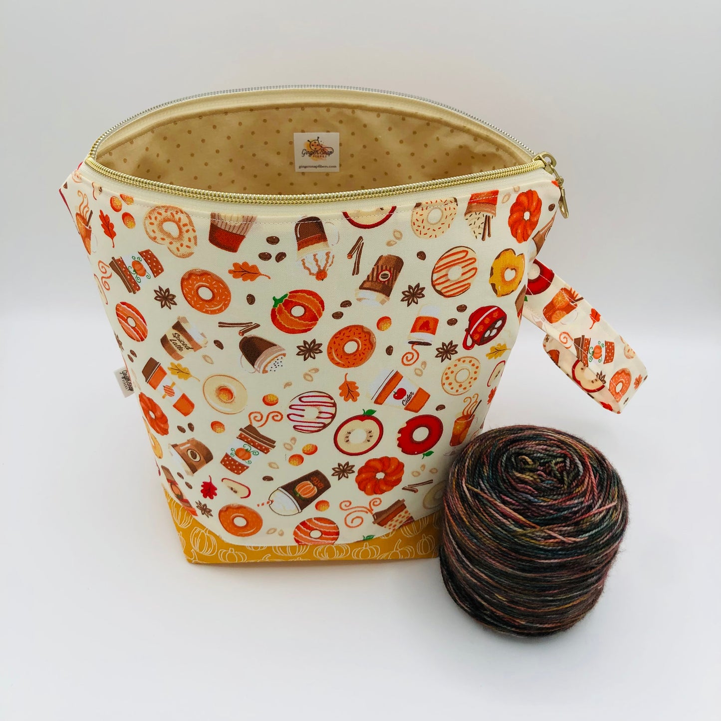 Neutral Pumpkin Spice (contrast base) Knitting Crochet Zipper Style Project Bag |  Sock Size