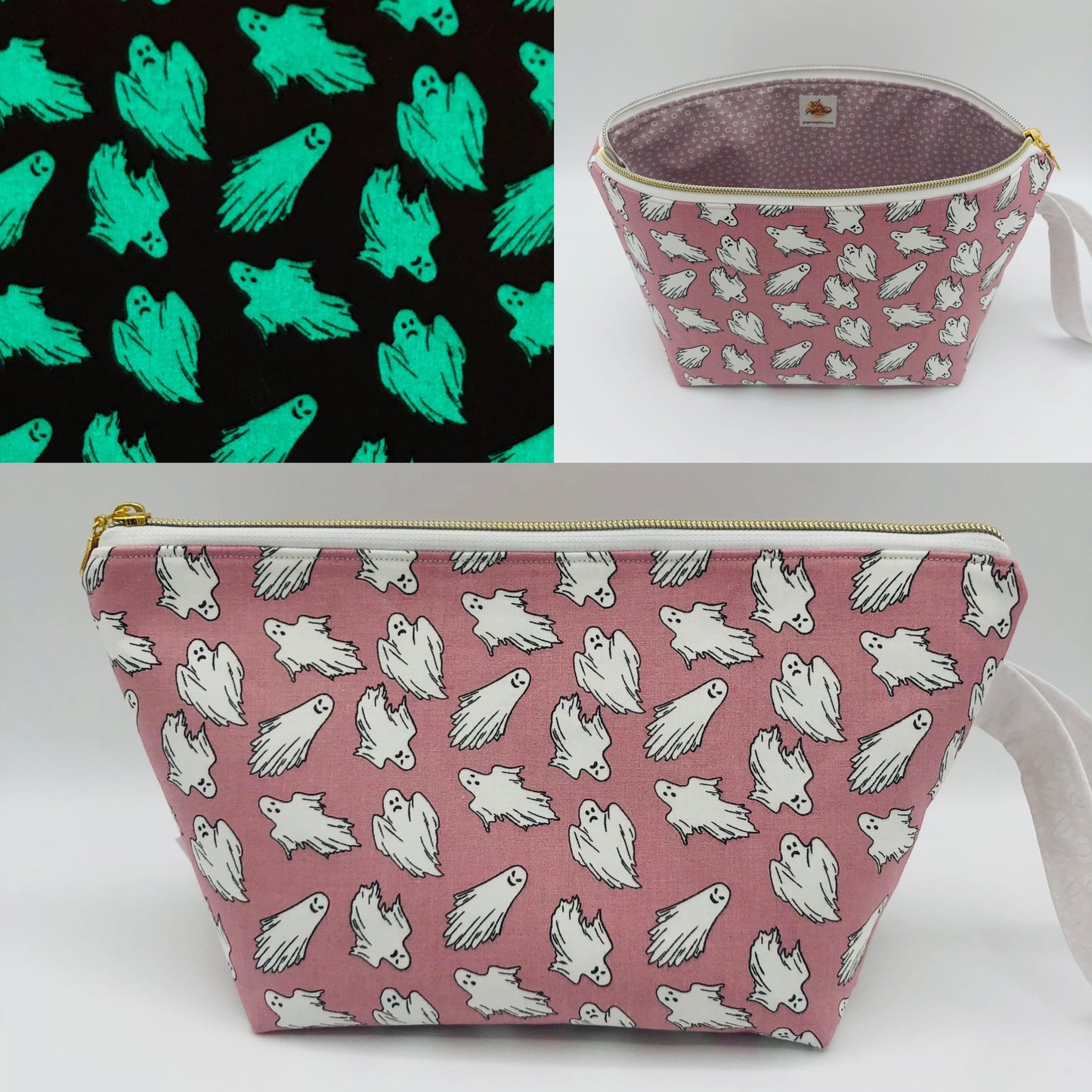Glow in the Dark Ghosts Spooky Knitting Crochet Zipper Style Project Bag | Shortie Sock Size