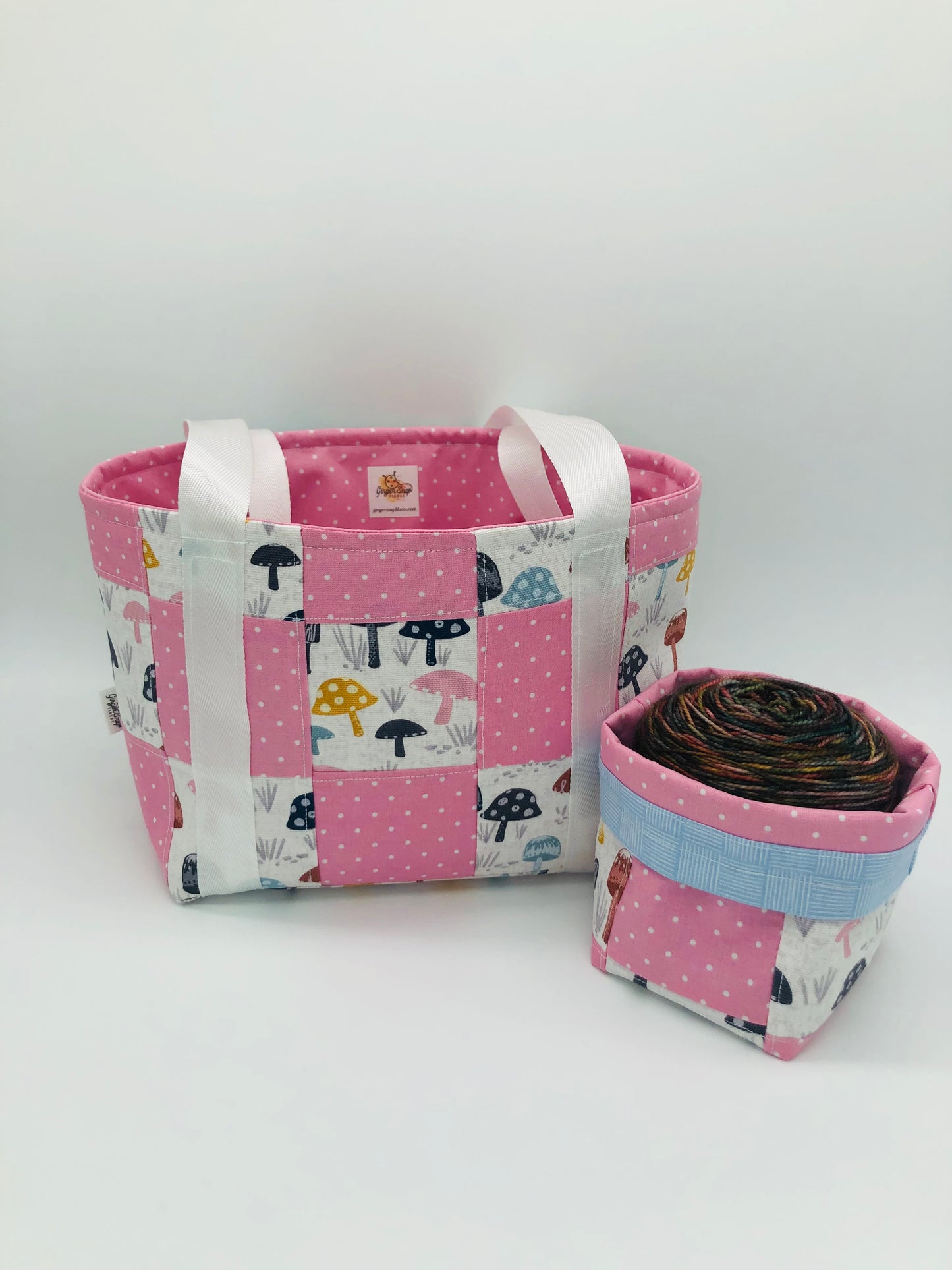 Pastel and Polka Dot Mushroom Patchwork Knitting Crochet Tote Style Project Bag + Yarn Cozy | Shortie Sock Size