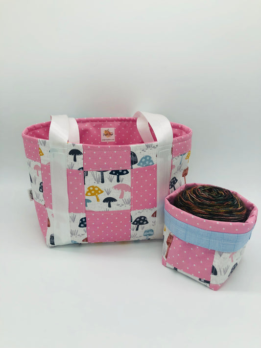 Pastel and Polka Dot Mushroom Patchwork Knitting Crochet Tote Style Project Bag + Yarn Cozy | Shortie Sock Size