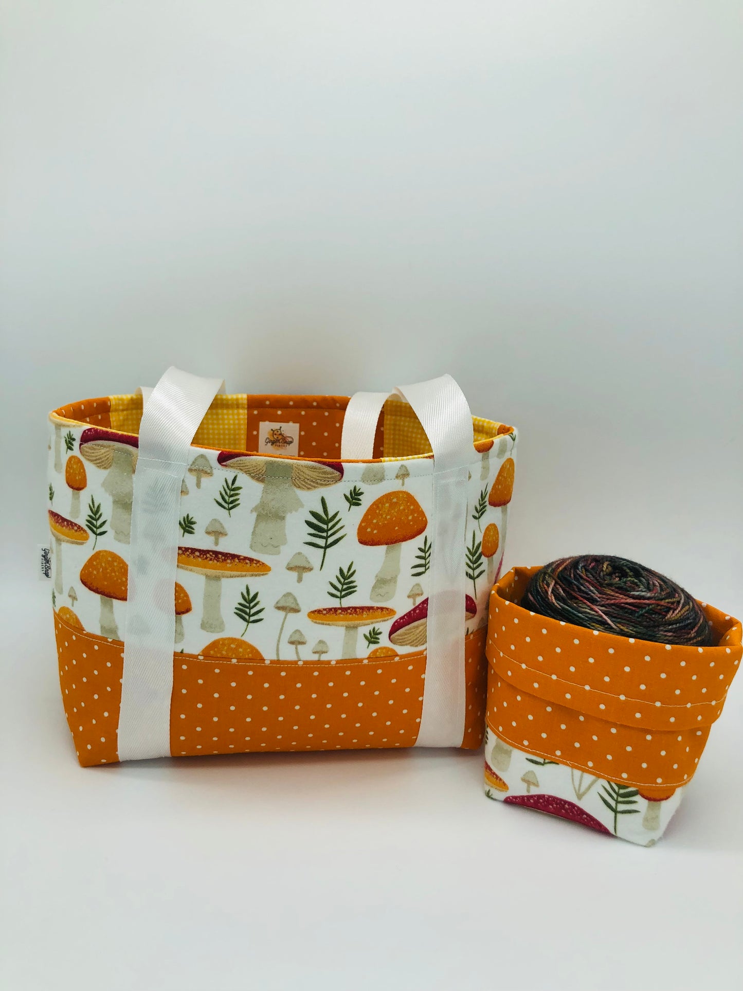 Amanita Mushroom Forest Patchwork Knitting Crochet Tote Style Project Bag + Yarn Cozy | Shortie Sock Size