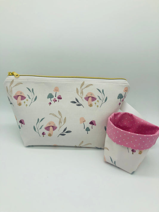 Mushroom Houses Knitting Crochet Zipper Style Project Bag + 100g Yarn Cozy| Shortie Sock Size