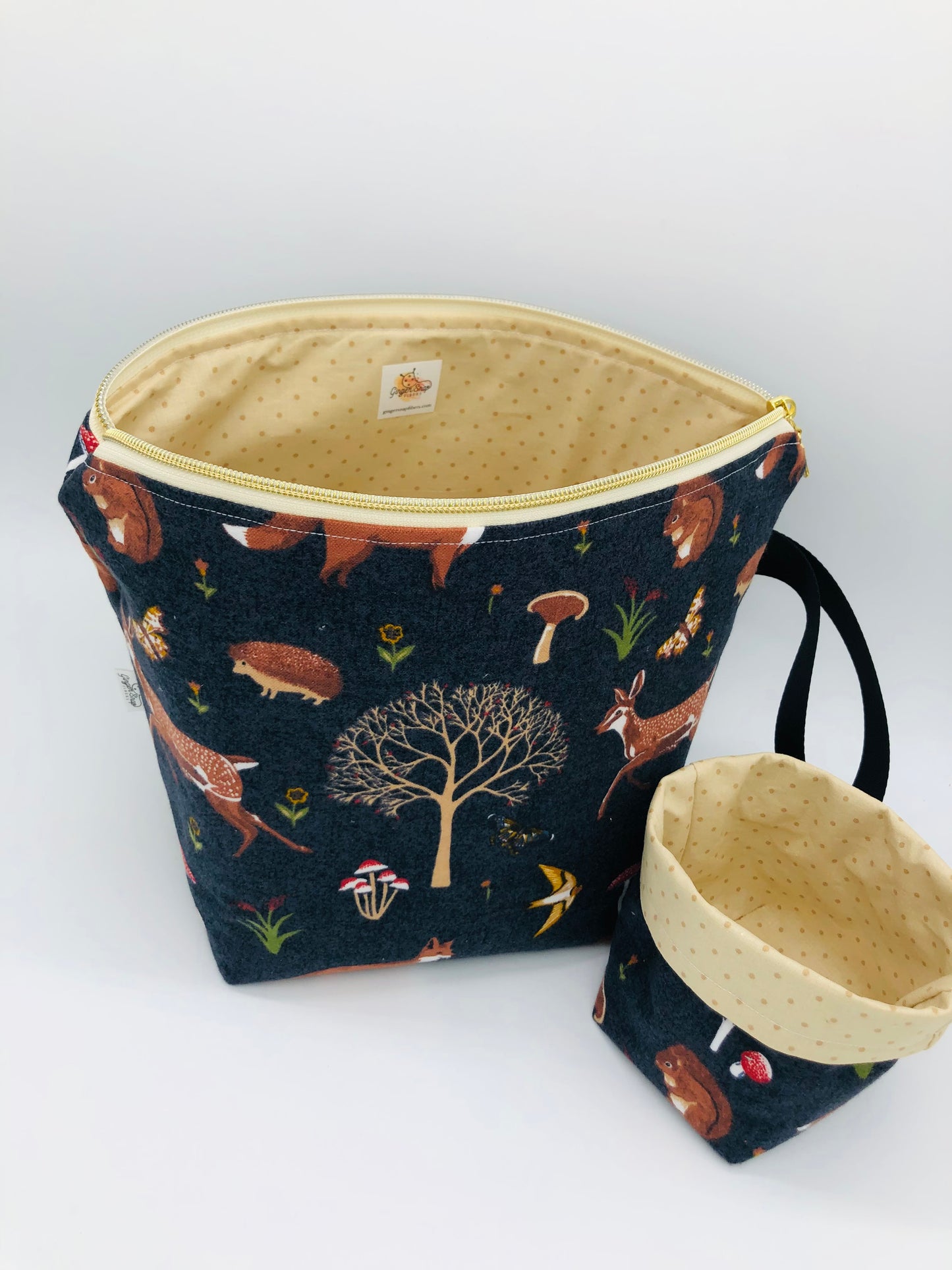 Foxes and Mushrooms Knitting and Crochet Zipper Style Project Bag + Yarn Cozy | XL Sock Size