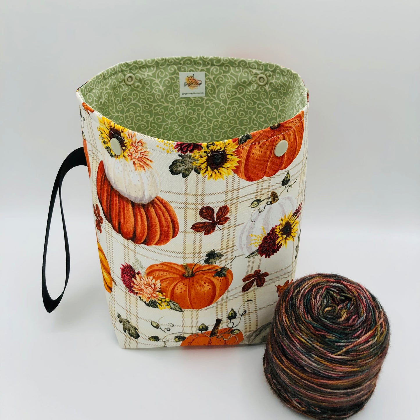Pumpkins on Plaid Knitting Crochet Snap Style Project Bag | Sock Size