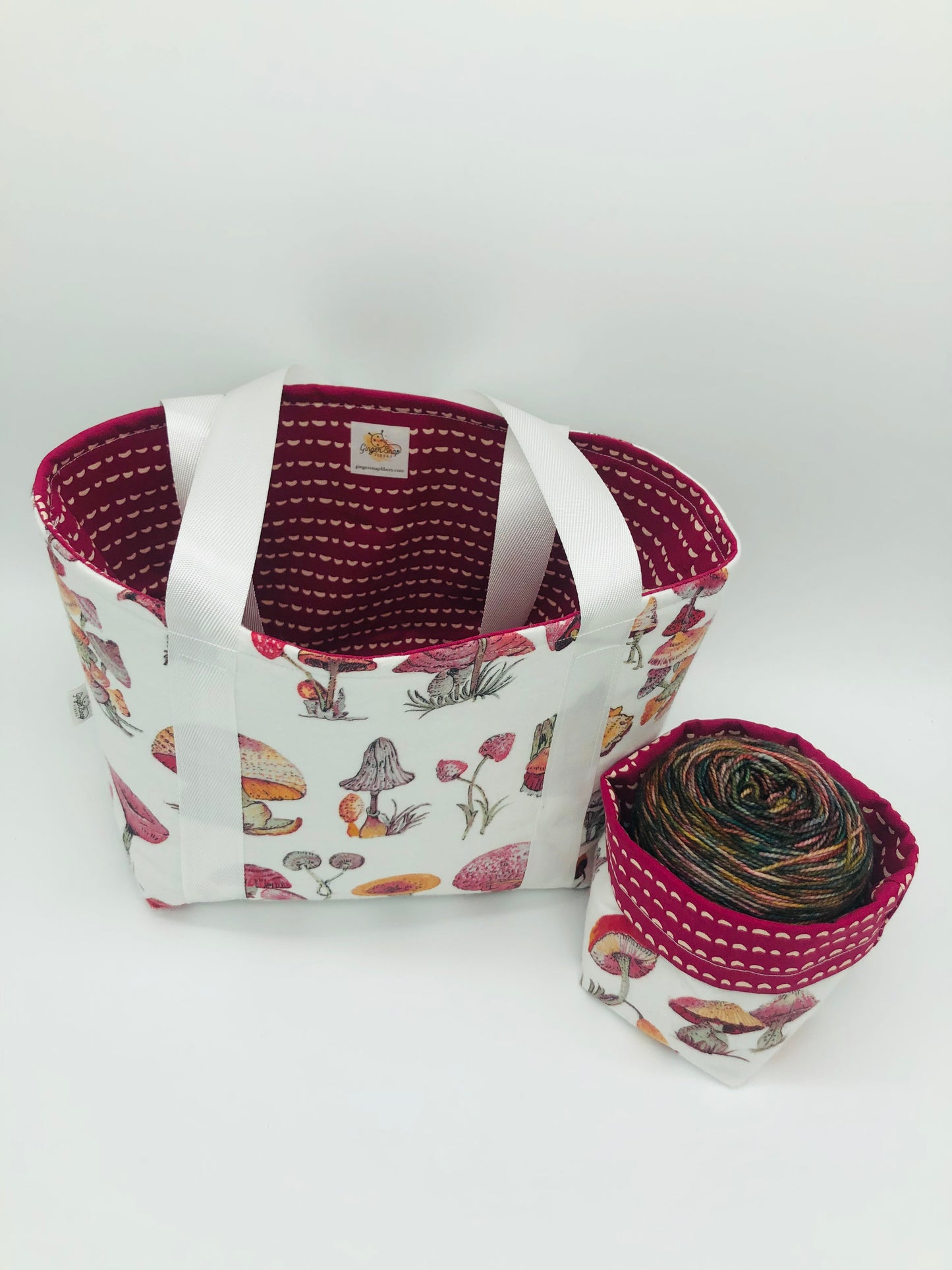 Maroon Mushrooms Knitting Crochet Tote Style Project Bag + Yarn Cozy | Shortie Sock Size