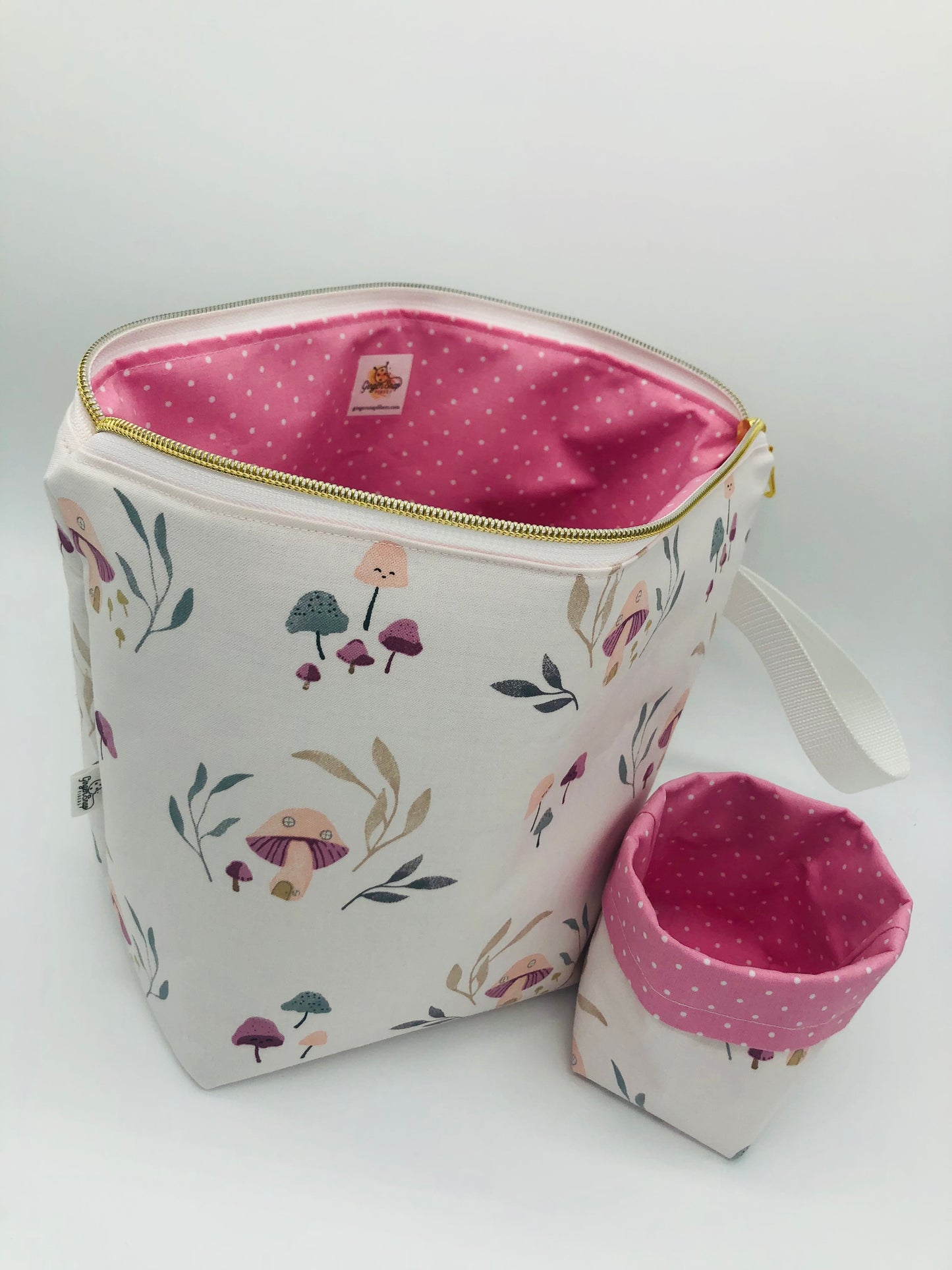 Mushroom Houses Knitting and Crochet Zipper Style Project Bag + Yarn Cozy | XL Sock Size