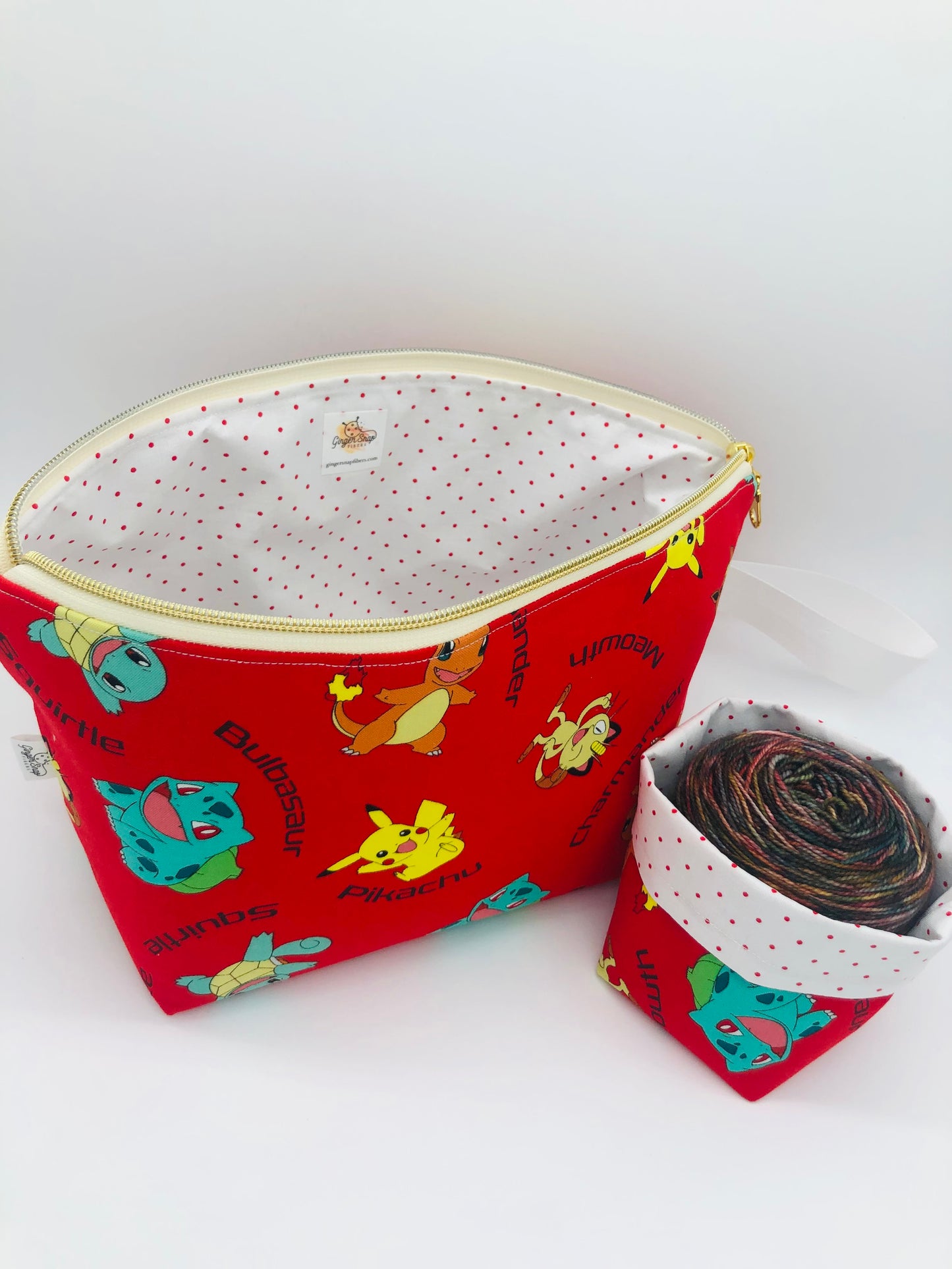 Red Poke-Friends Knitting Crochet Zipper Style Project Bag + 100g Yarn Cozy| Shortie Sock Size