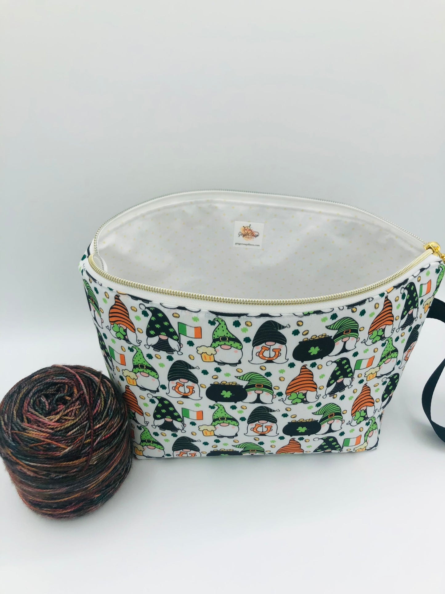 St. Patrick’s Gnomes (white) Knitting Crochet Zipper Style Project Bag | Shortie Sock Size
