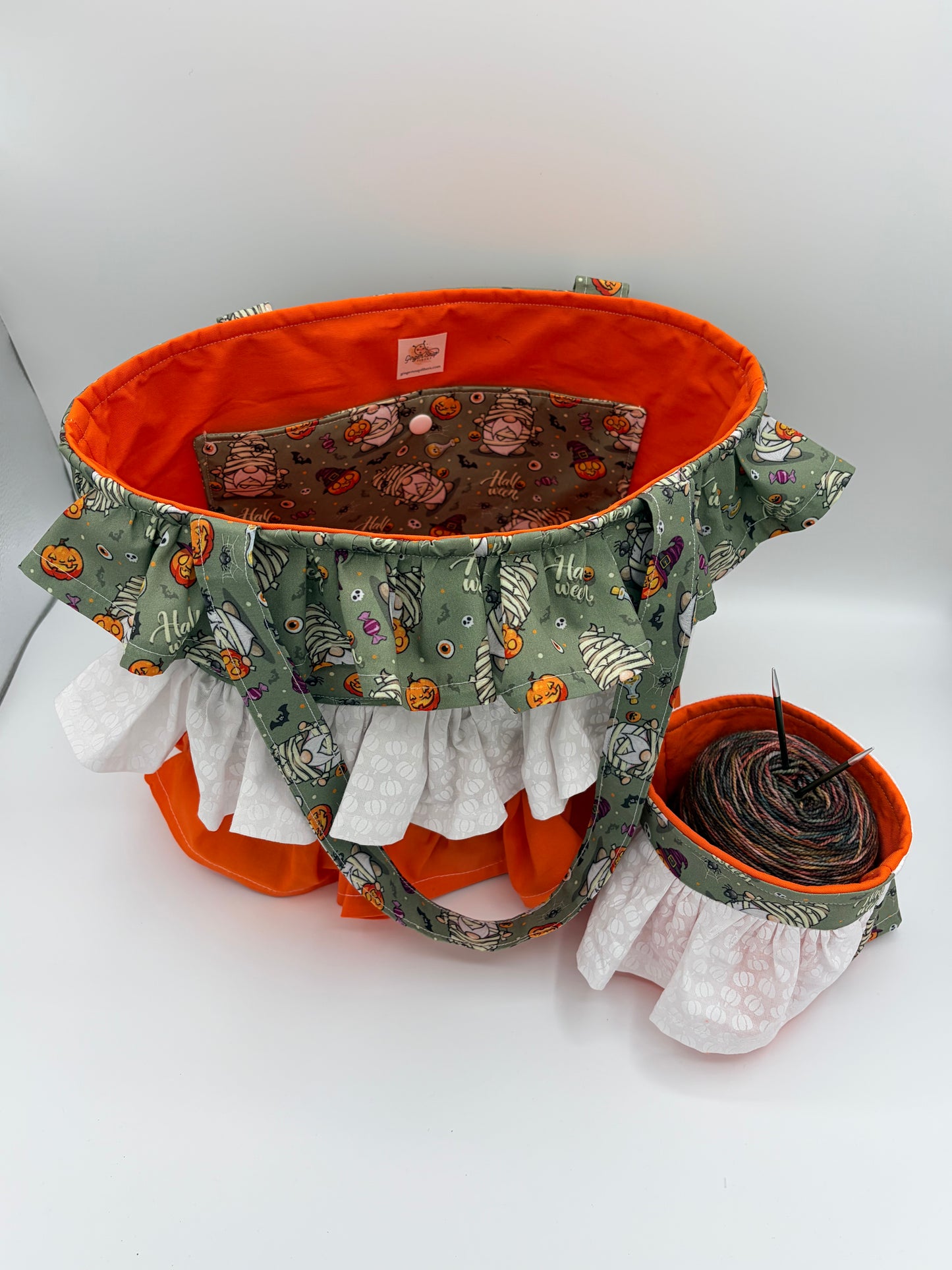 Triple Ruffle Gnomes Spooky Tote Style Knitting and Crochet Project Bag + Yarn Cozy | Sweater Size