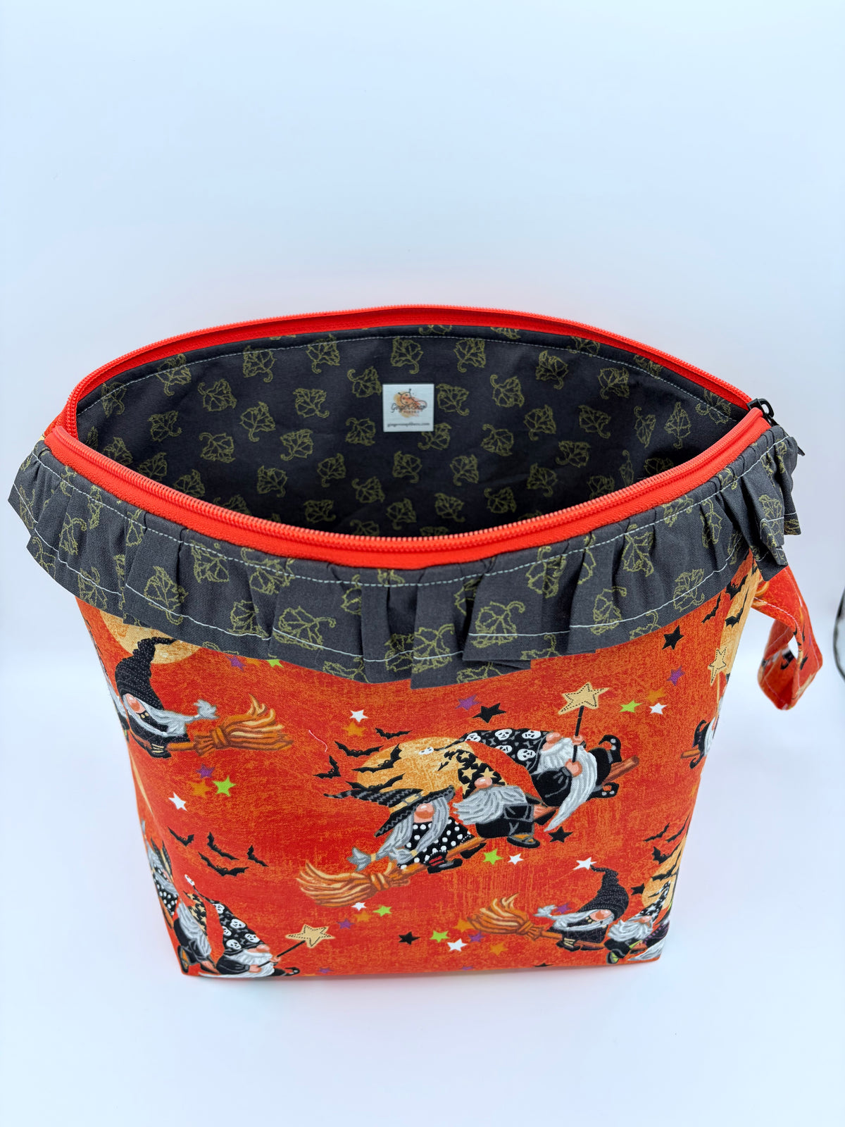 Witchy Gnomes (with ruffle) Spooky Zipper Style Knitting and Crochet Project Bag |  Sweater Size