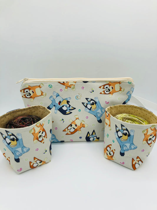 Heeler Sisters Knitting Crochet Zipper Style Project Bag + 2x 100g Yarn Cozy | Shortie Sock Size