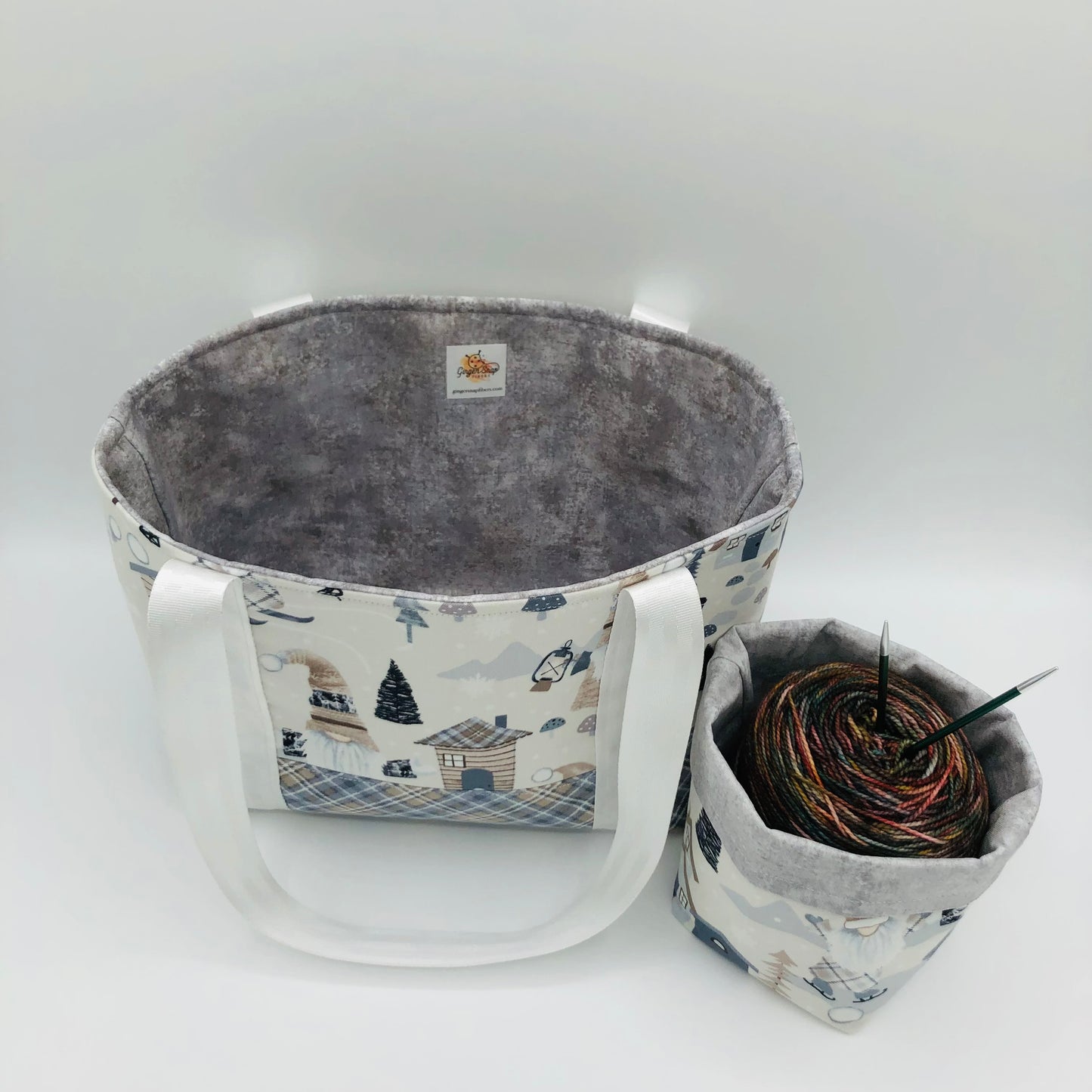 Skating Knitty Gnomes Holiday Knitting Crochet Tote Style Project Bag | Shortie Sock Size