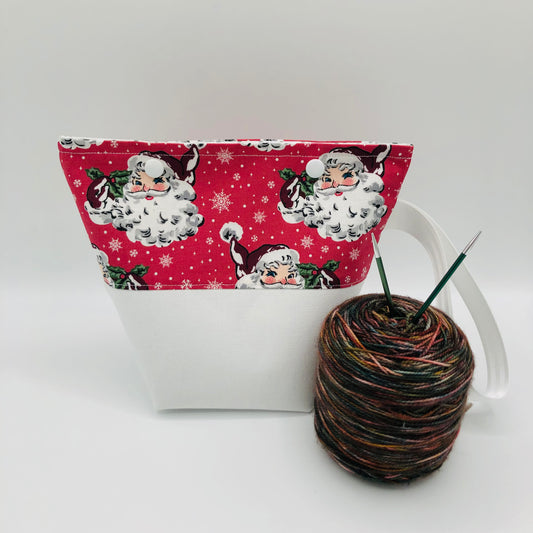 Pink Santas (white base) Holiday Itty Bitty Crochet Knitting Project Bag | XS