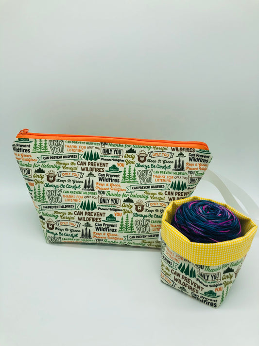 Smokey Sayings  Knitting Crochet Zipper Style Project Bag + 100g Yarn Cozy| Shortie Sock Size