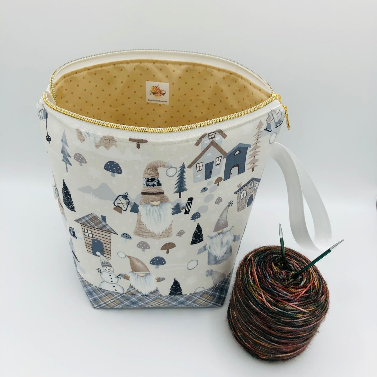 Skating Knitty Gnomes (checkered base) Holiday Knitting Crochet Zipper Style Project Bag |  Sock Size