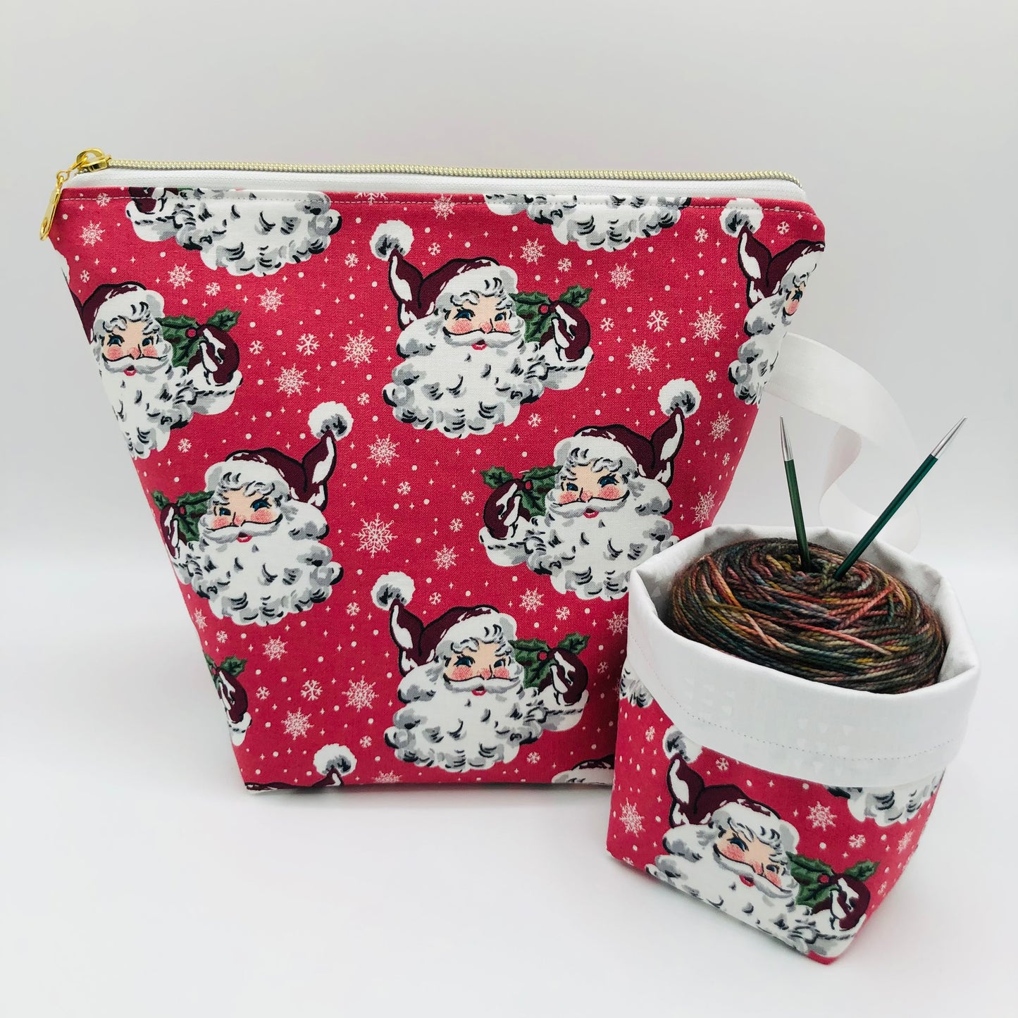 Pink Santas Holiday Knitting Crochet Zipper Style Project Bag + Yarn Cozy |  Sock Size