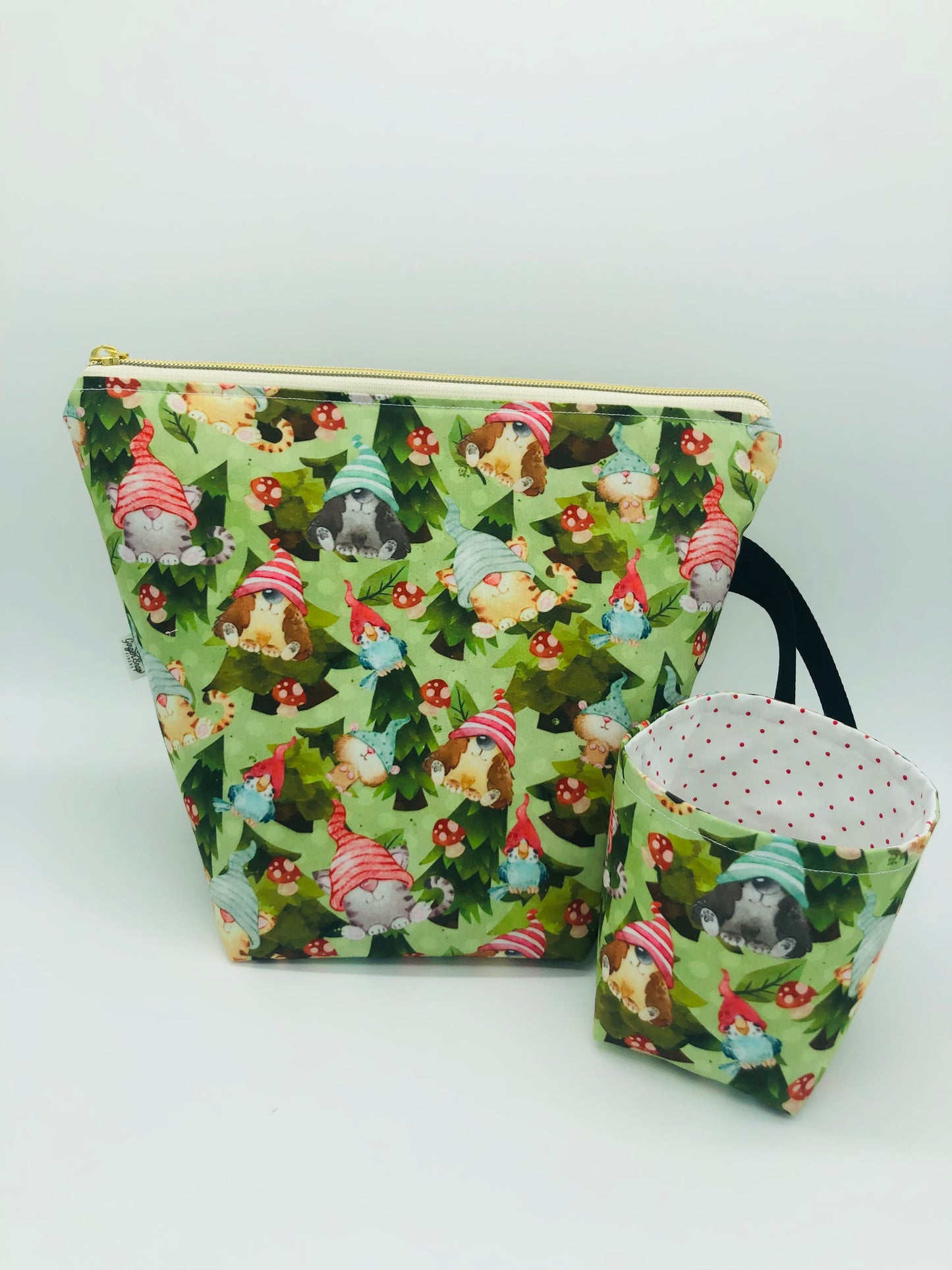 Animal Gnomes and Mushrooms Knitting Crochet Zipper Style Project Bag + Yarn Cozy |  Sock Size
