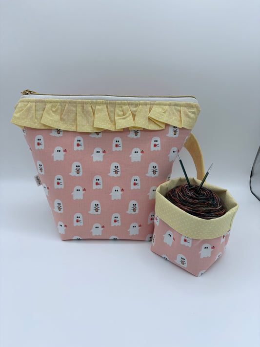 Latte Ghosts (with ruffles) Spooky Knitting Crochet Zipper Style Project Bag + Yarn Cozy |  Sock Size
