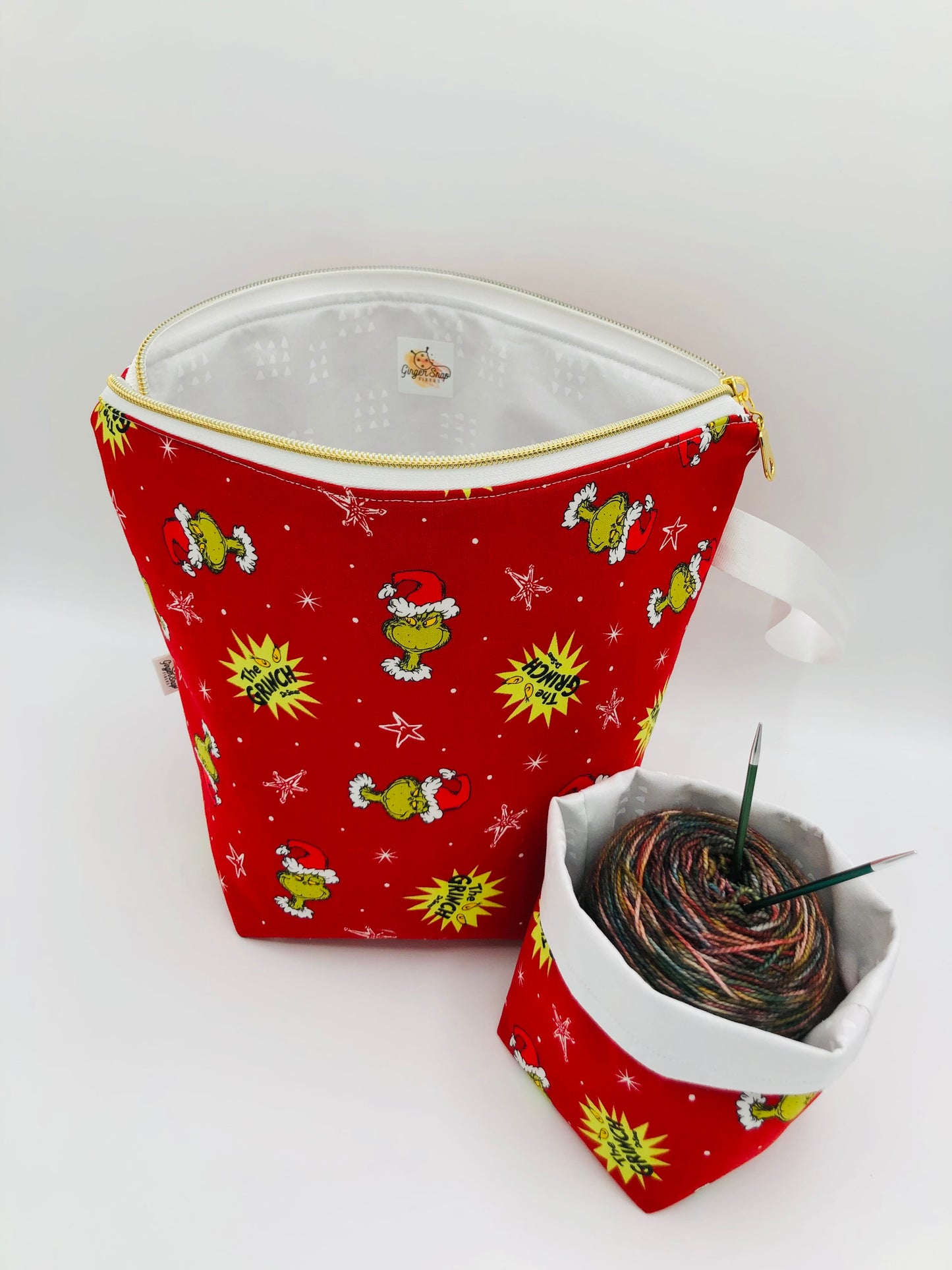 “Mean One” (red) Knitting Crochet Zipper Style Project Bag + Yarn Cozy |  Sock Size