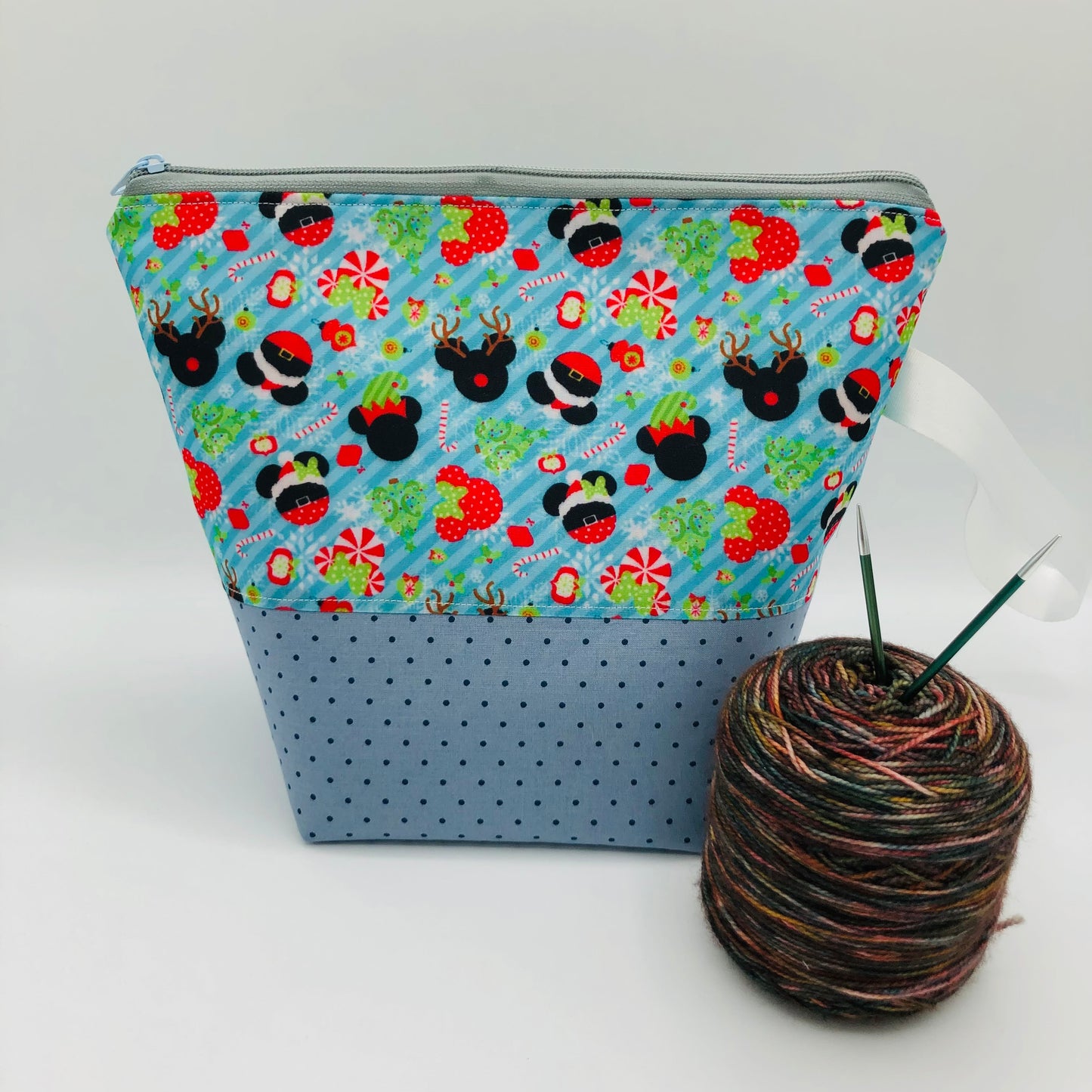 Peppermint Mouse Friends (blue base) Christmas Holiday Knitting Crochet Zipper Style Project Bag | Sock Size