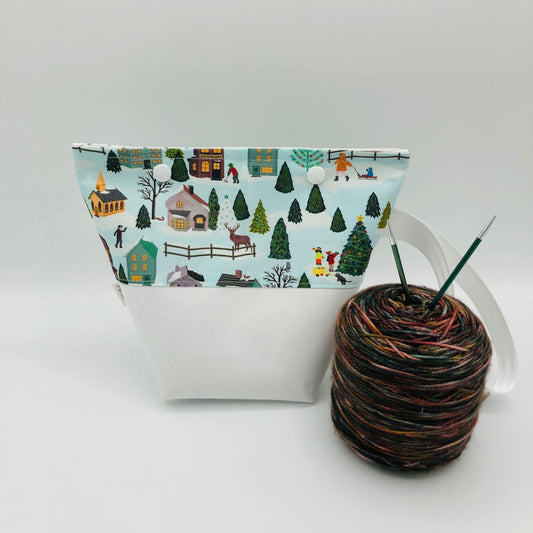 Christmas Village (white base) Holiday Itty Bitty Crochet Knitting Project Bag | XS