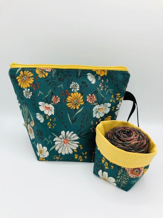 Forest Flowers Knitting Crochet Zipper Style Project Bag + Yarn Cozy |  Sock Size