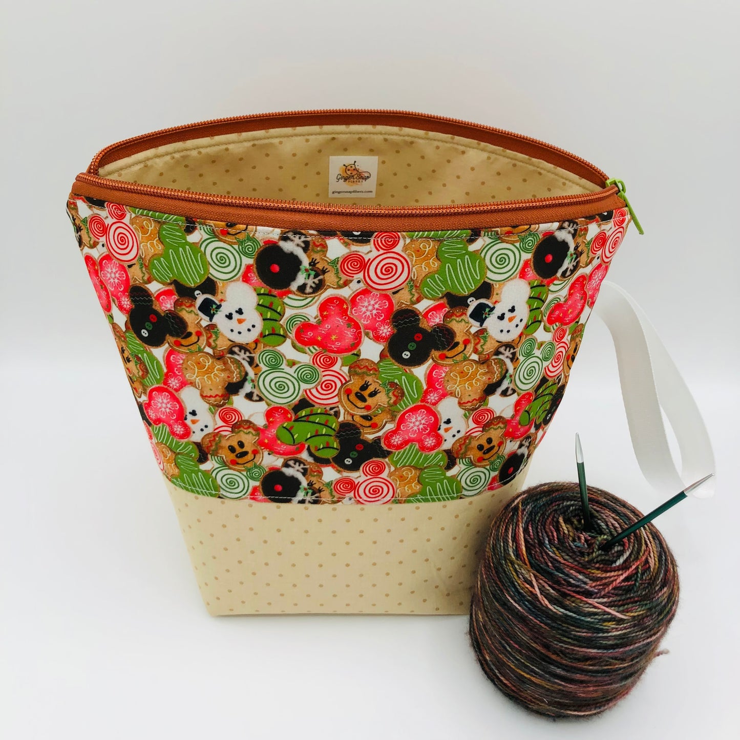 Cookie Mouse Friends (tan base) Christmas Holiday Knitting Crochet Zipper Style Project Bag | Sock Size