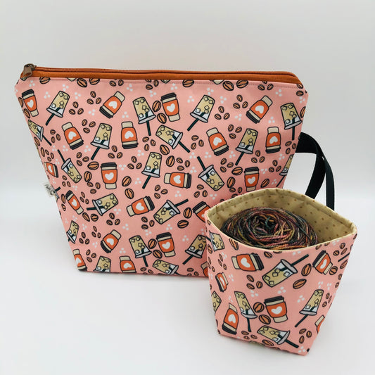 Latte Hearts Knitting and Crochet Zipper Style Project Bag + Yarn Cozy | XL Sock Size